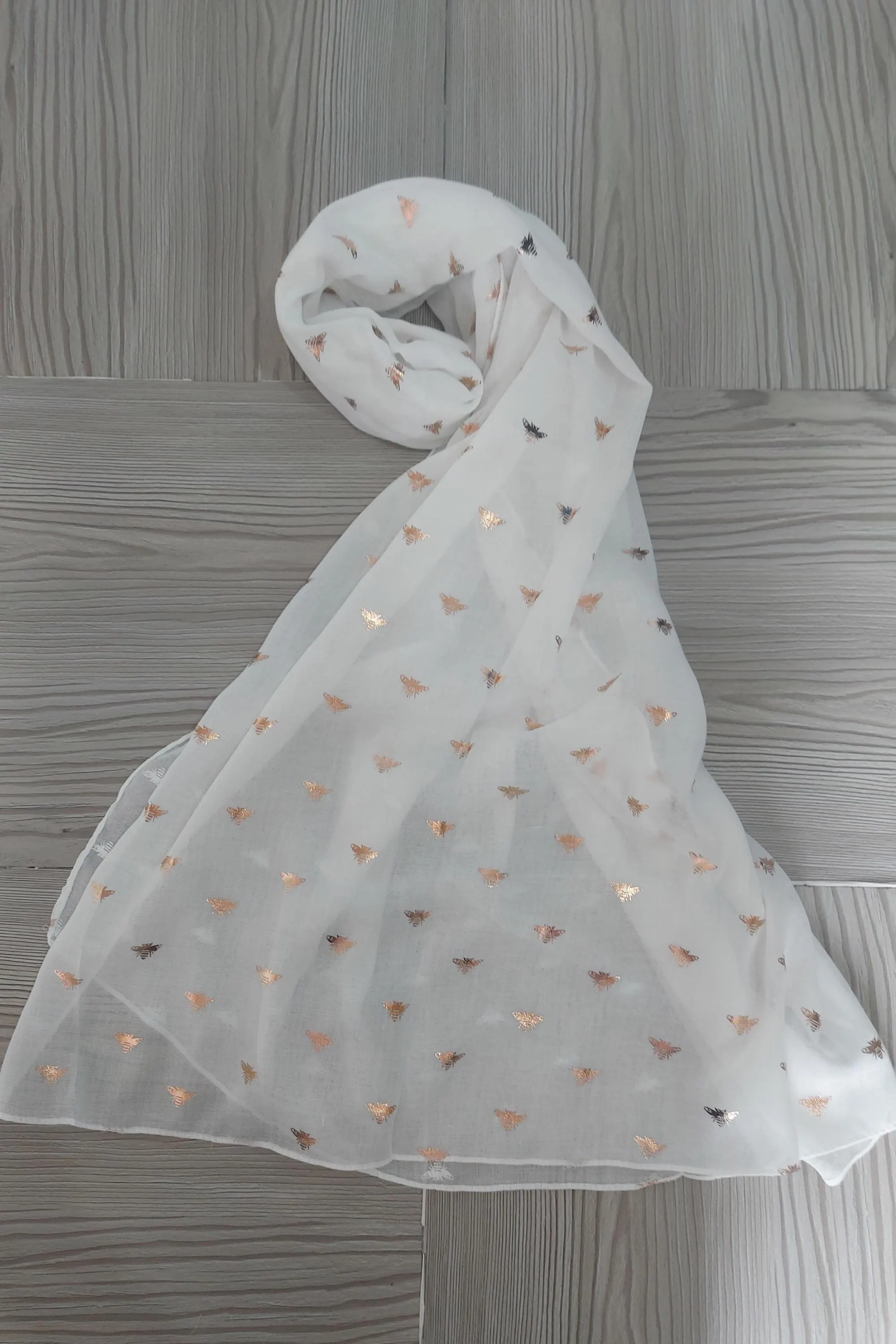 BEE Gold Print White SCARF,Special Gift Scarf for Friend -Mother-Sister,Neckerchief, Daily Use Glitter Gold Bumble Honey Bee Shoulder Wrap - image 2