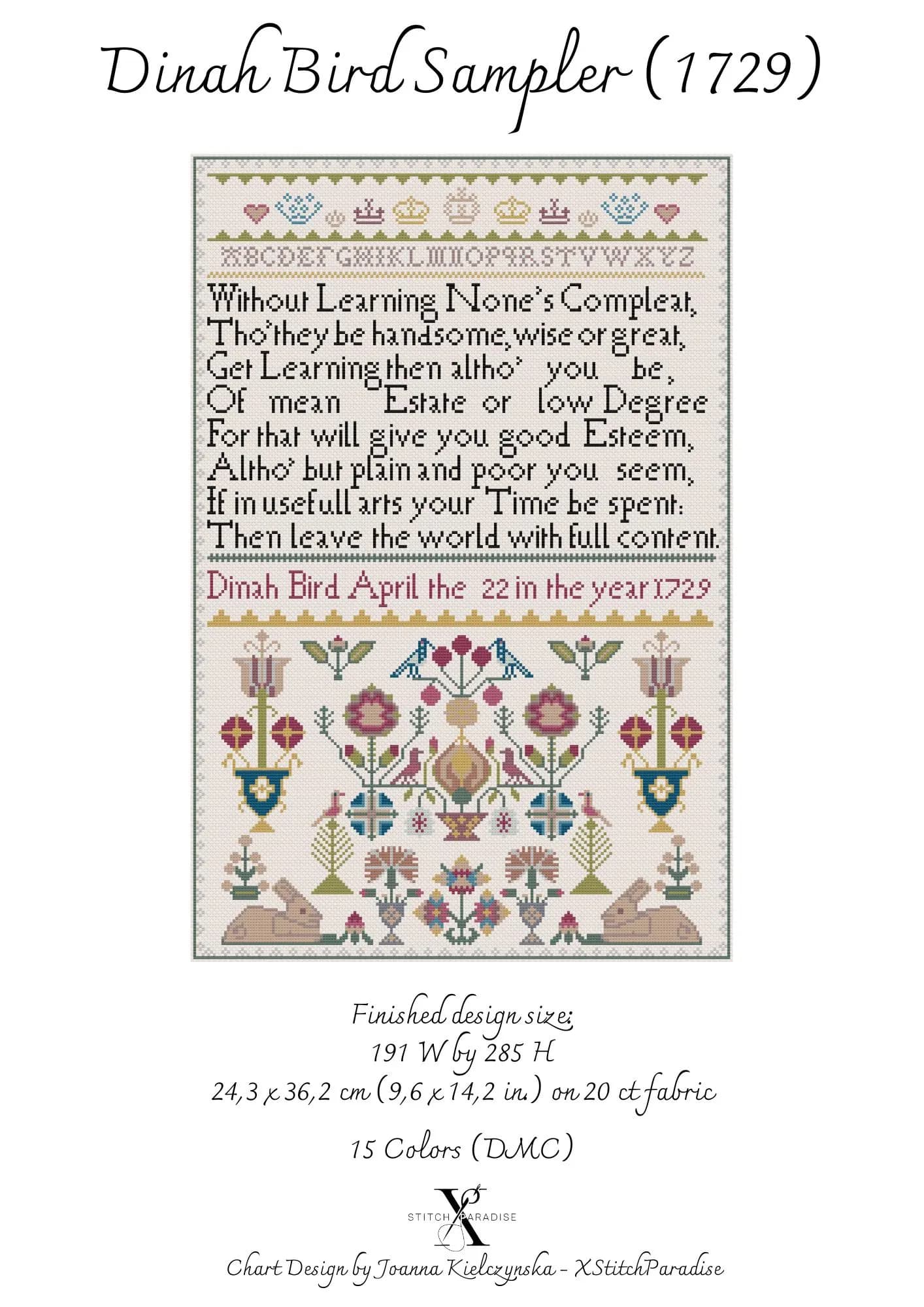 Dinah Bird Sampler 1729 | Counted Cross Stitch Pattern | Antique Sampler | Instant download | PDF | Pattern Keeper | Cross Stitch Saga - image 4