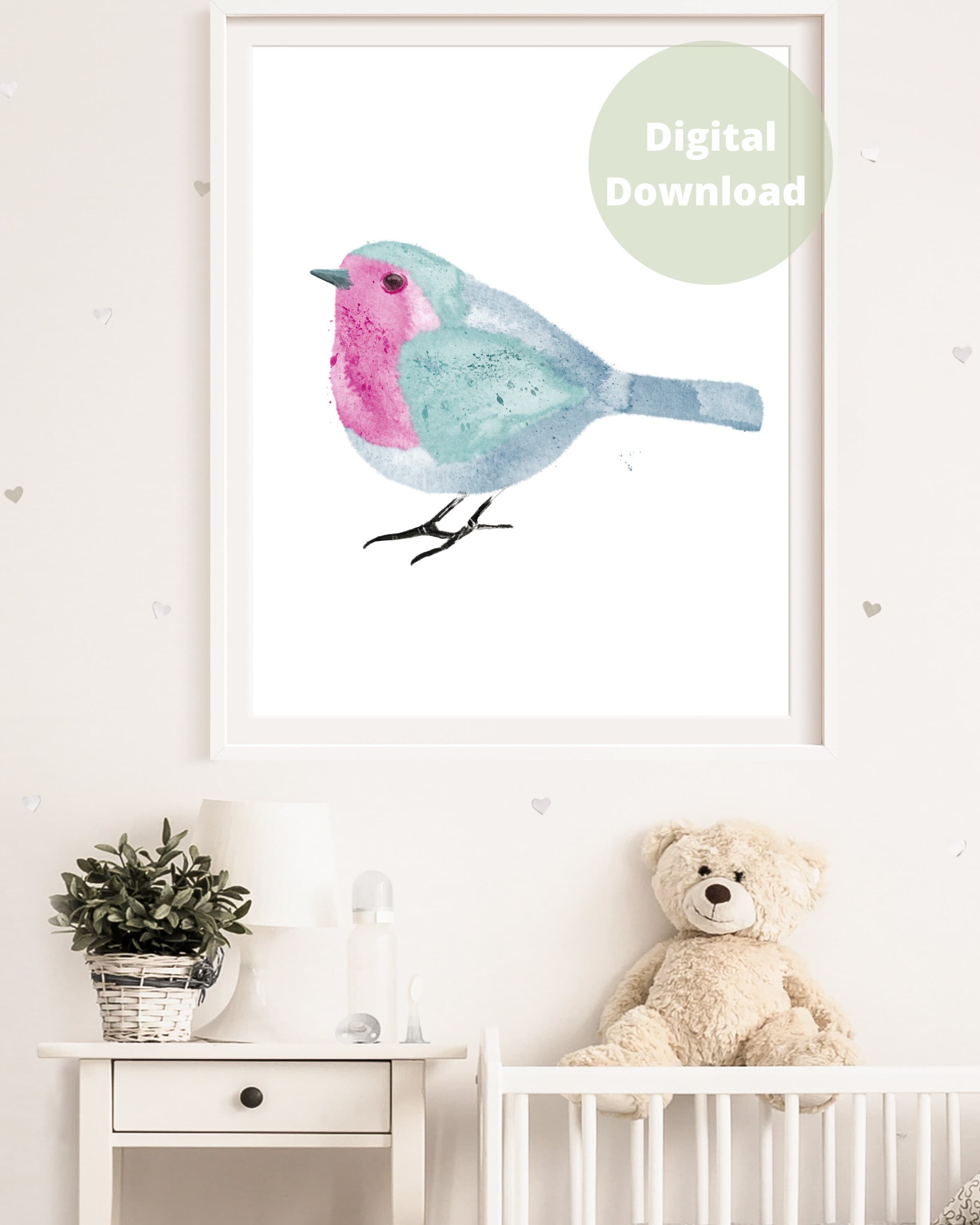 Nursery Wall Art Printable, Pink and Blue Bird Whimsical Watercolour Children’s Illustration (Digital Download) - image 3