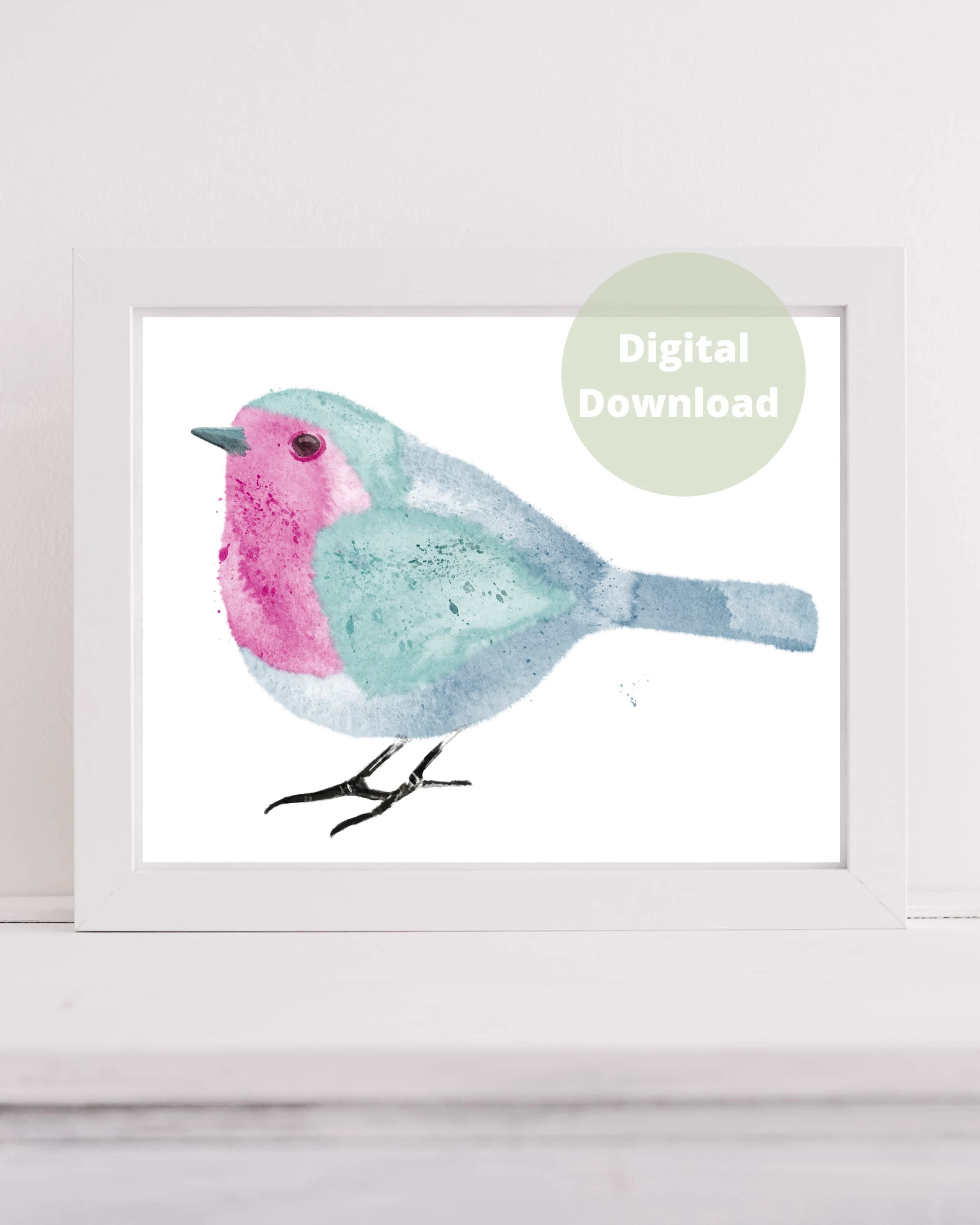 Nursery Wall Art Printable, Pink and Blue Bird Whimsical Watercolour Children’s Illustration (Digital Download)