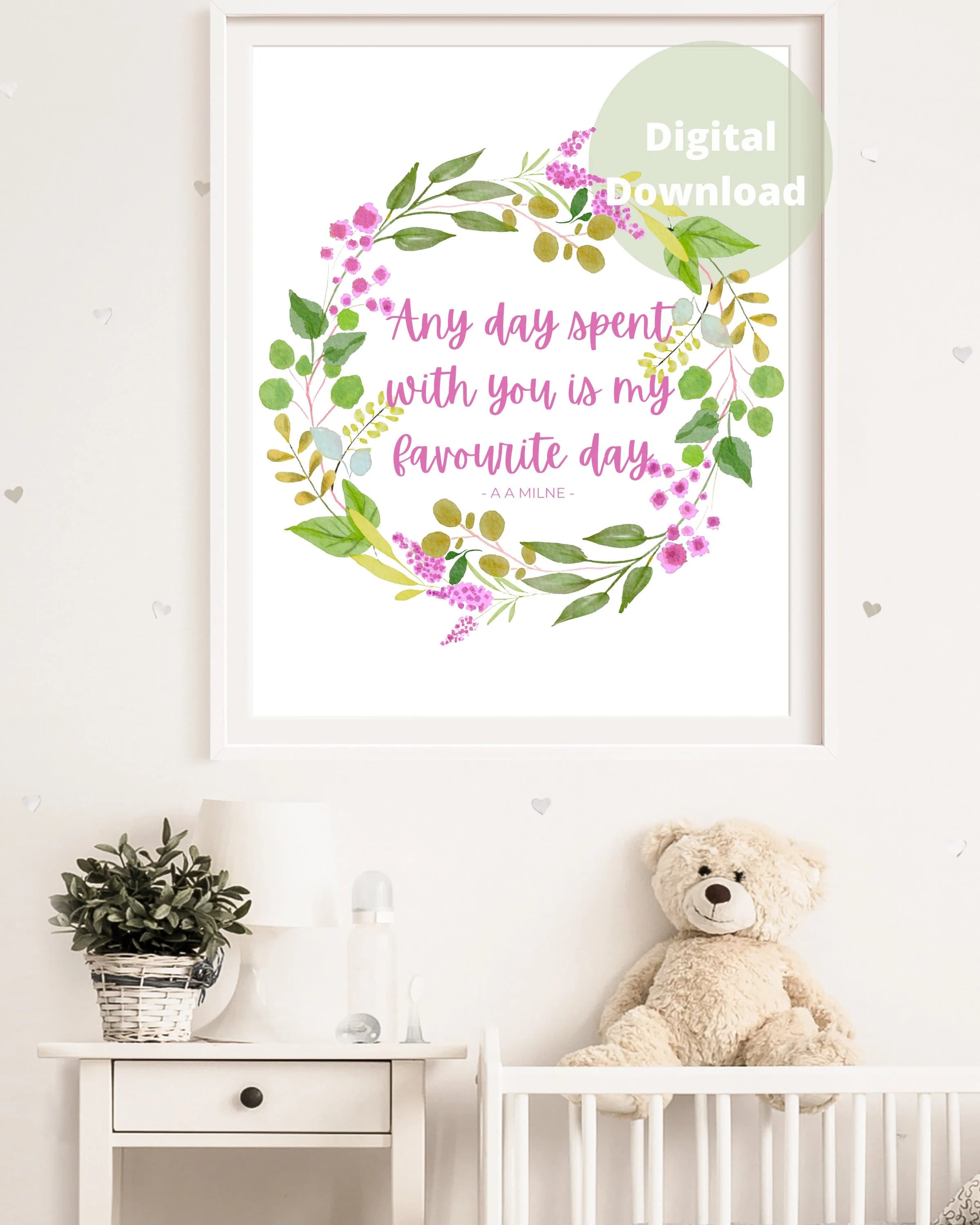 Winnie the Pooh Nursery Print, Purple Floral Wreath (Digital Download)