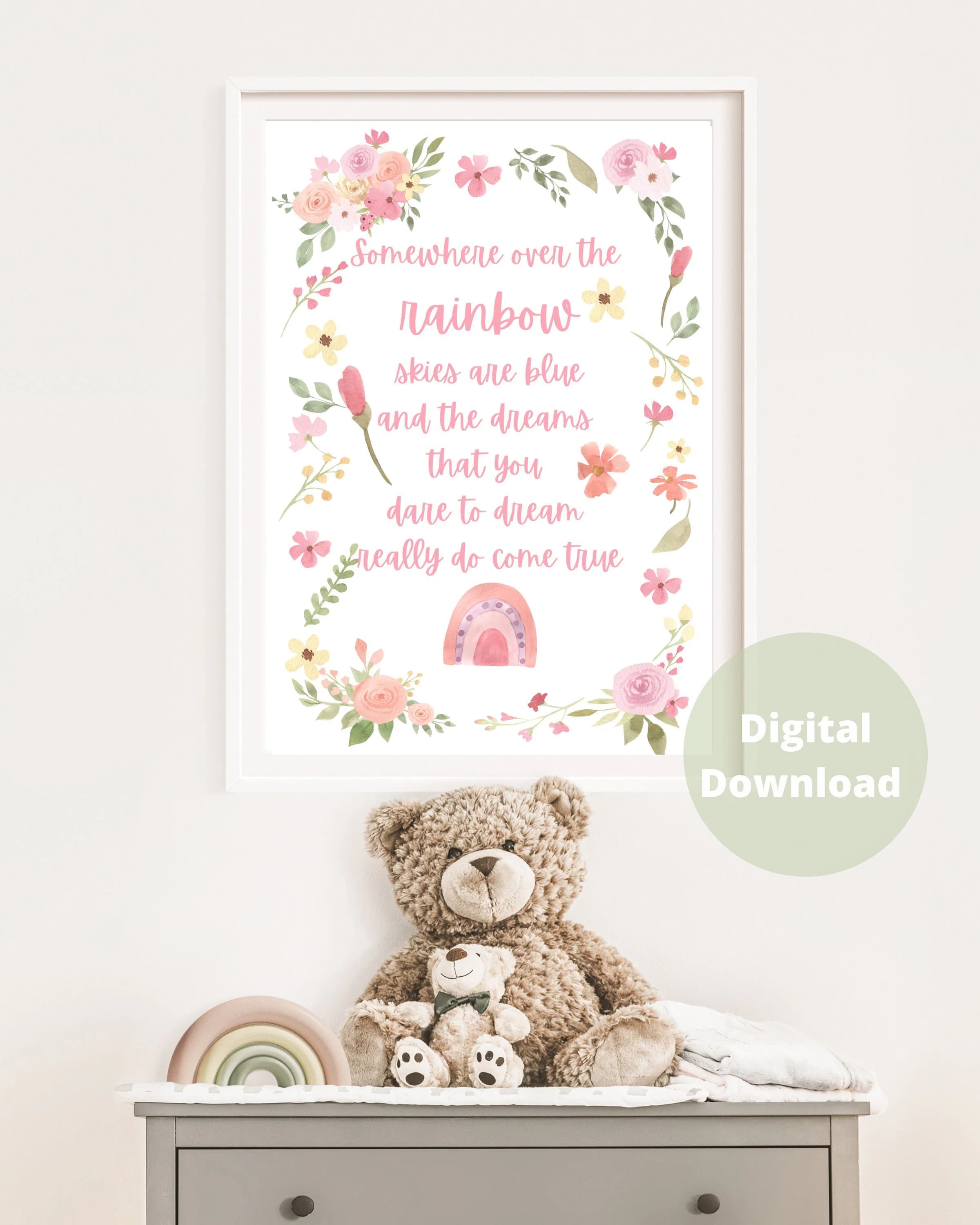 Rainbow Nursery Print, Pink Floral Baby Room Decor (Digital Download)