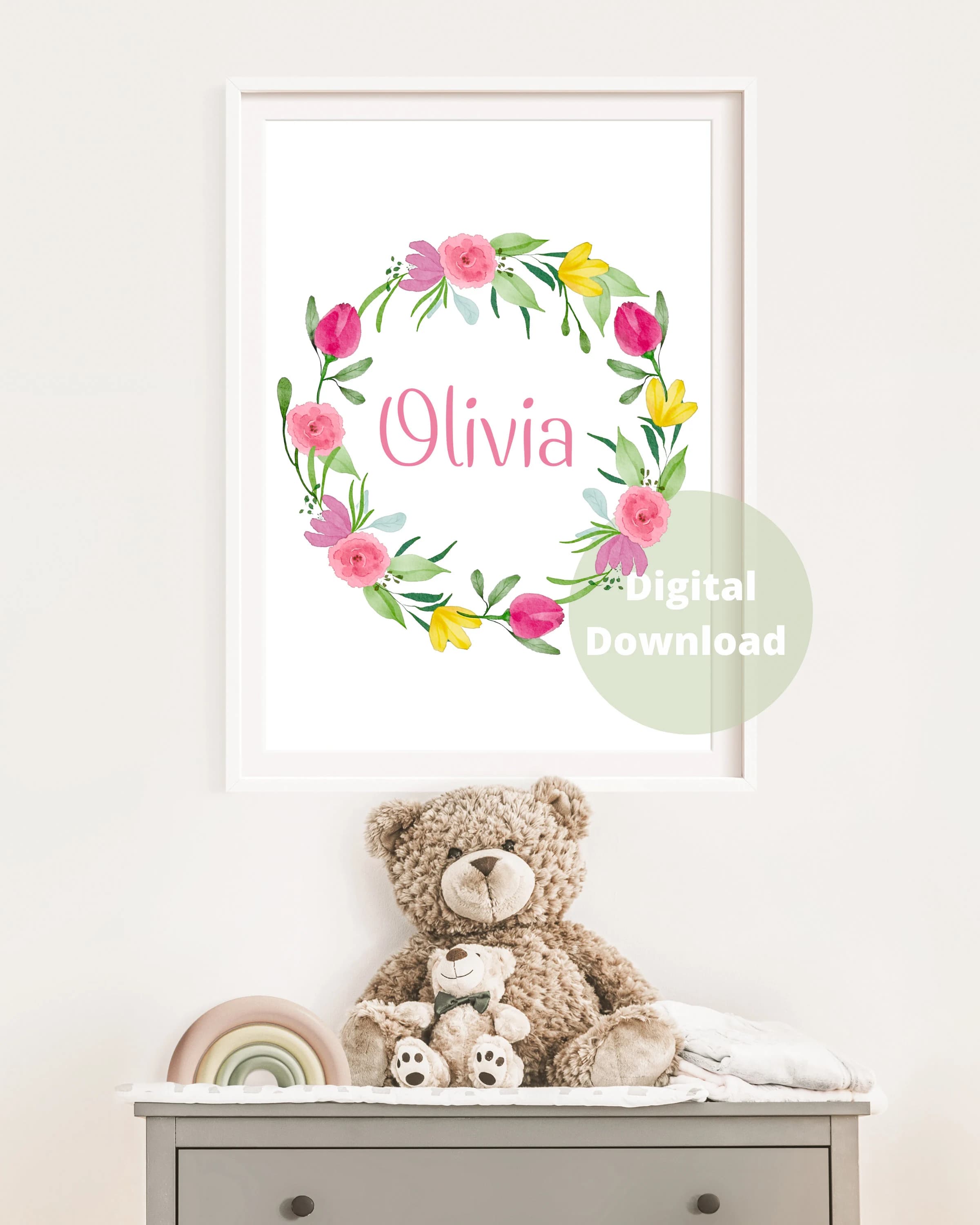 Personalized Floral Wreath Print, Pink Watercolor Nursery Decor (Digital Download) - image 3