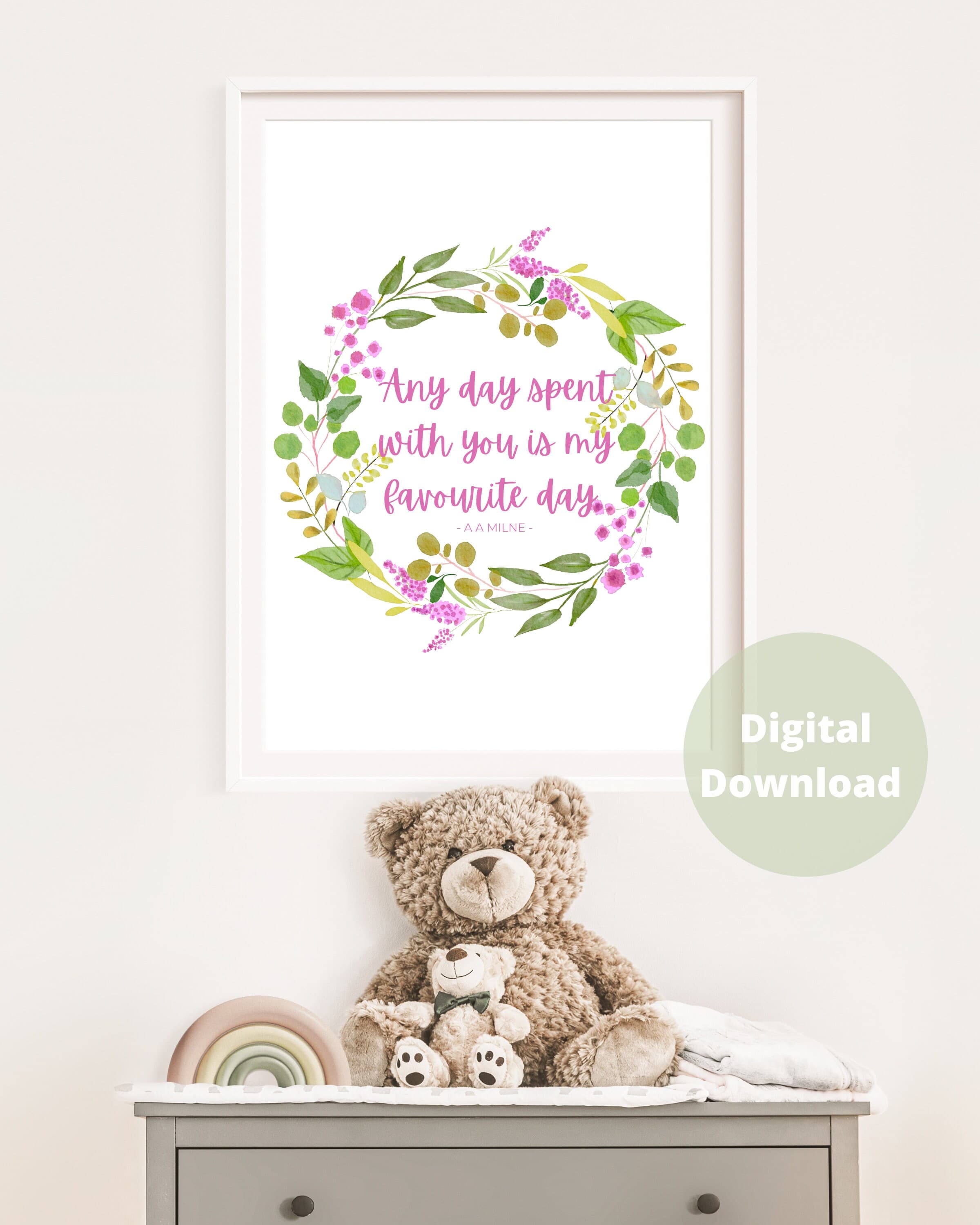 Winnie the Pooh Nursery Print, Purple Floral Wreath (Digital Download) - image 3