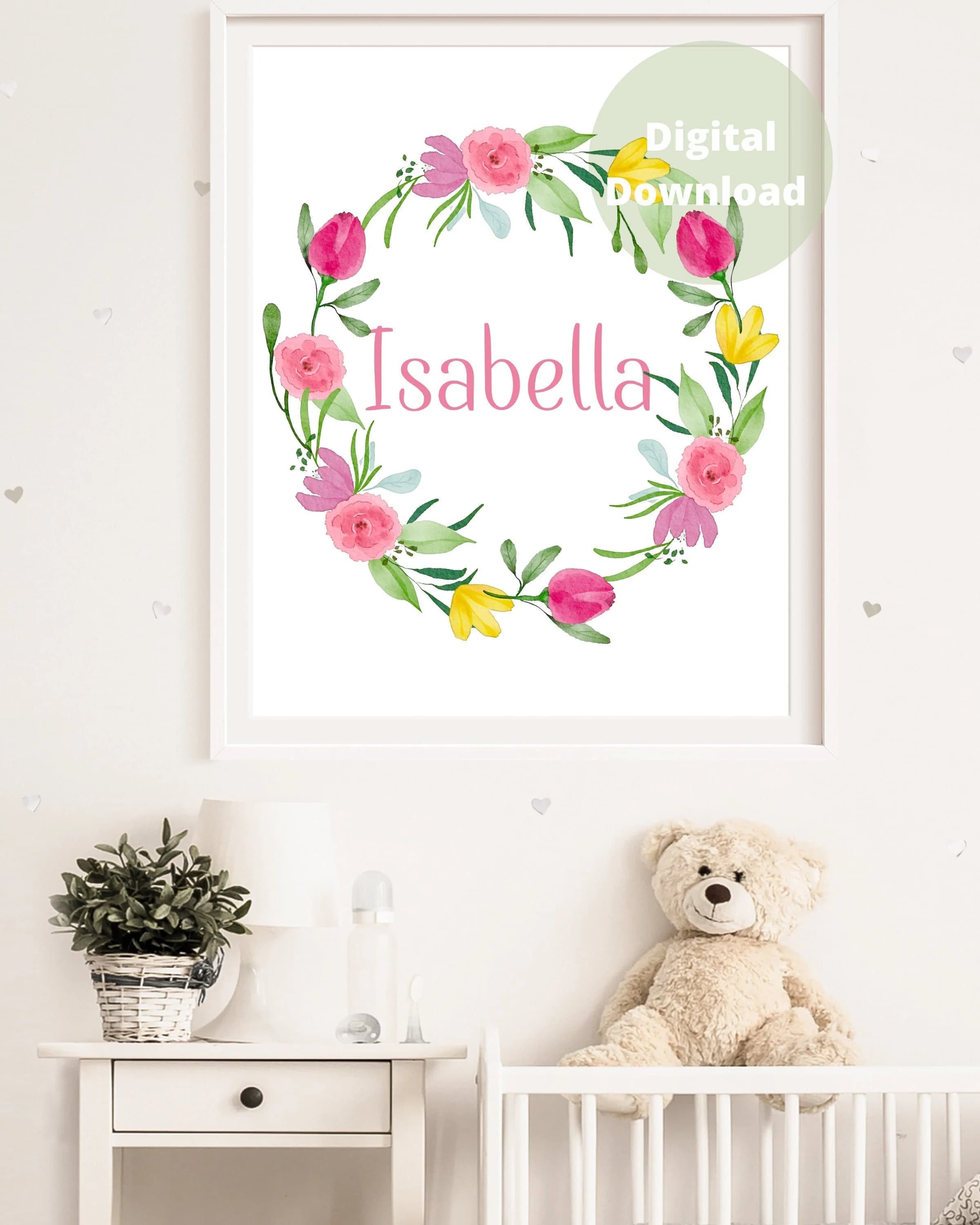Personalized Floral Wreath Print, Pink Watercolor Nursery Decor (Digital Download)