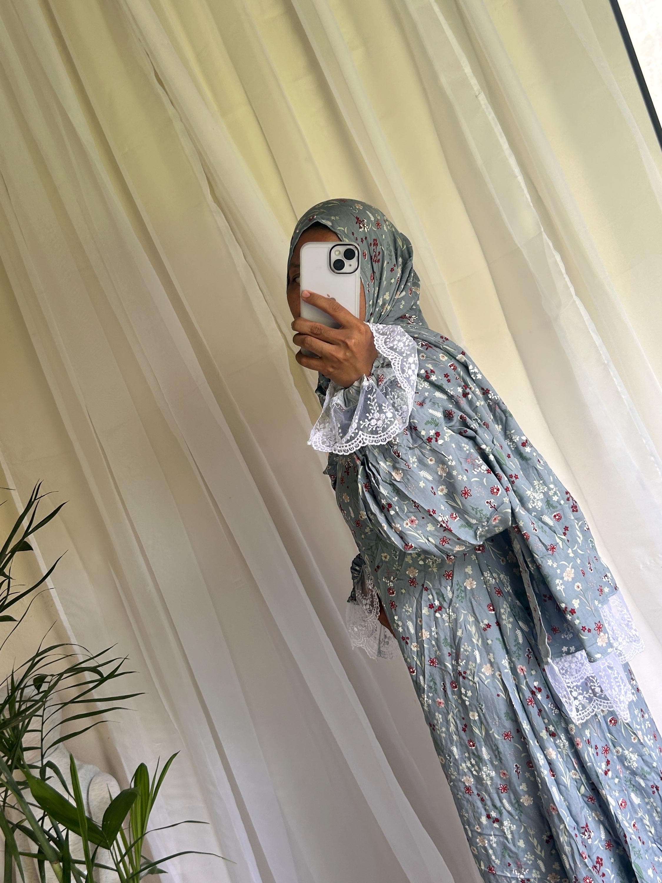 Long Blue Floral Prayer Dress with Attached Hijab | A-Line Muslimah Dress | Modest Islamic Prayer Outfit for Women - image 5