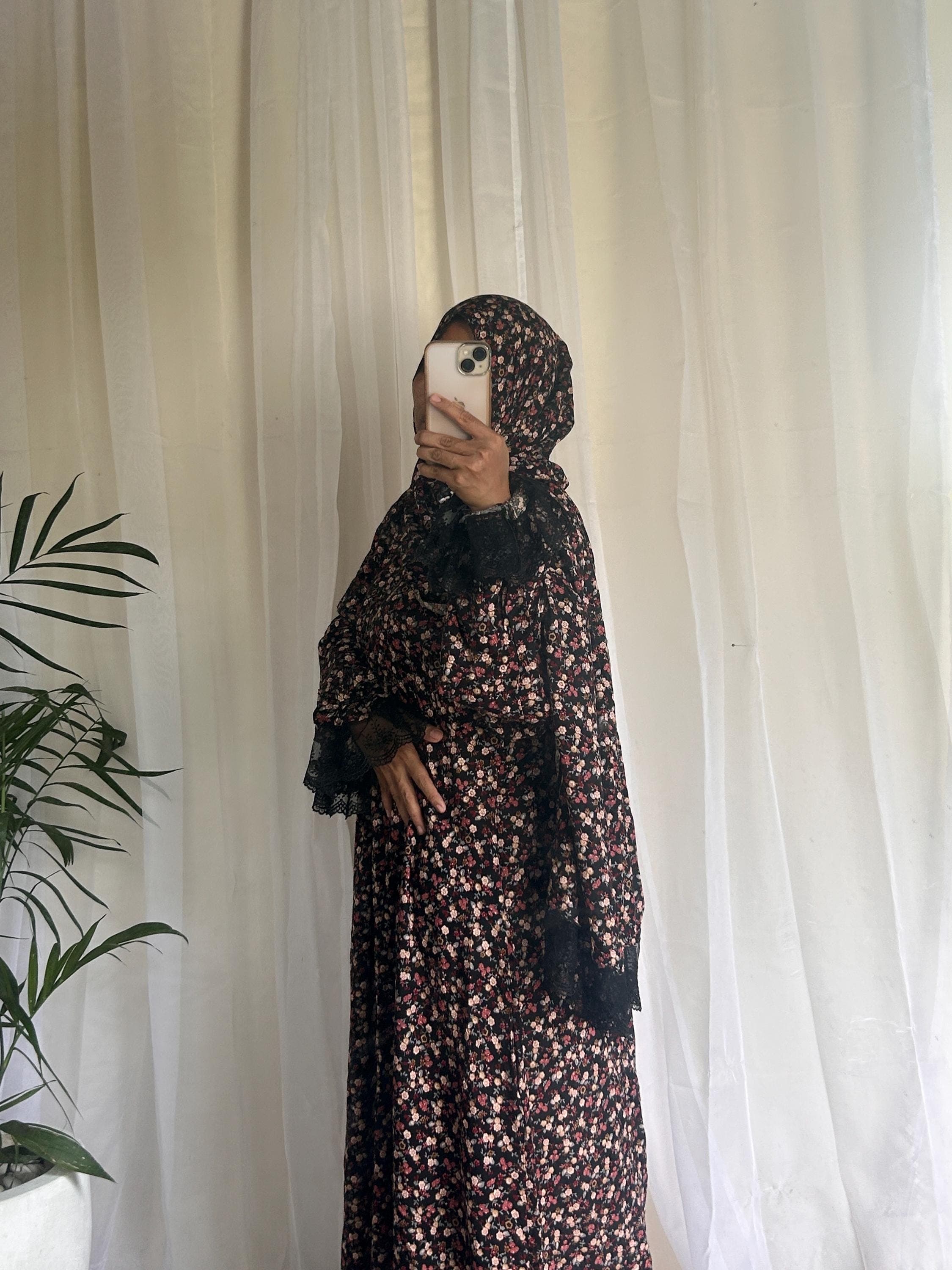 Black Floral Prayer Dress with Attached Hijab – Long A Line Mukena, Modest Islamic Prayer Outfit - image 4