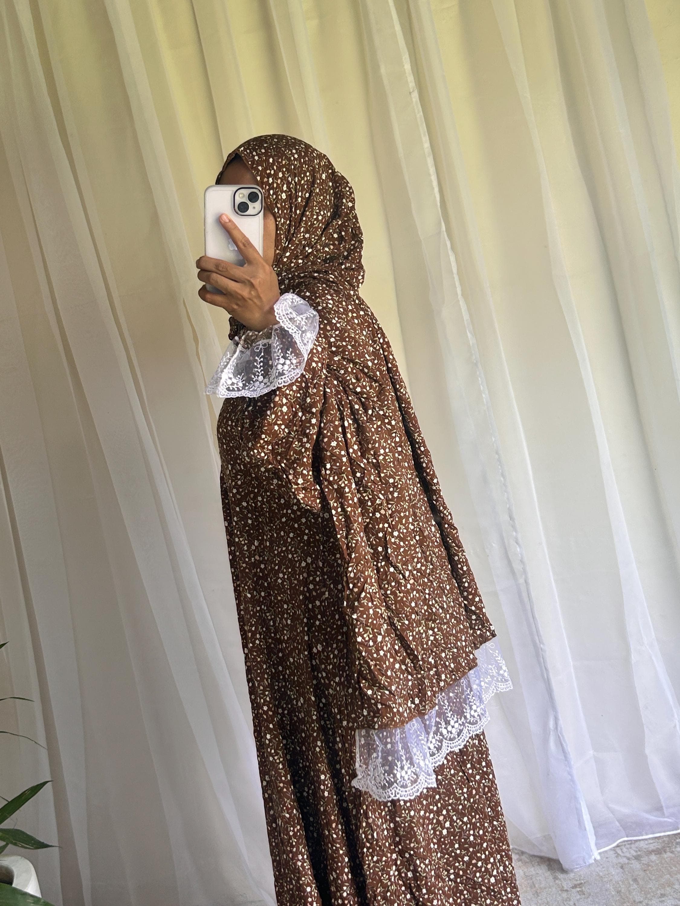 Brown Floral Prayer Dress with Attached Hijab | Flowing A-Line Salah Dress | Modest Muslim Wear - image 3
