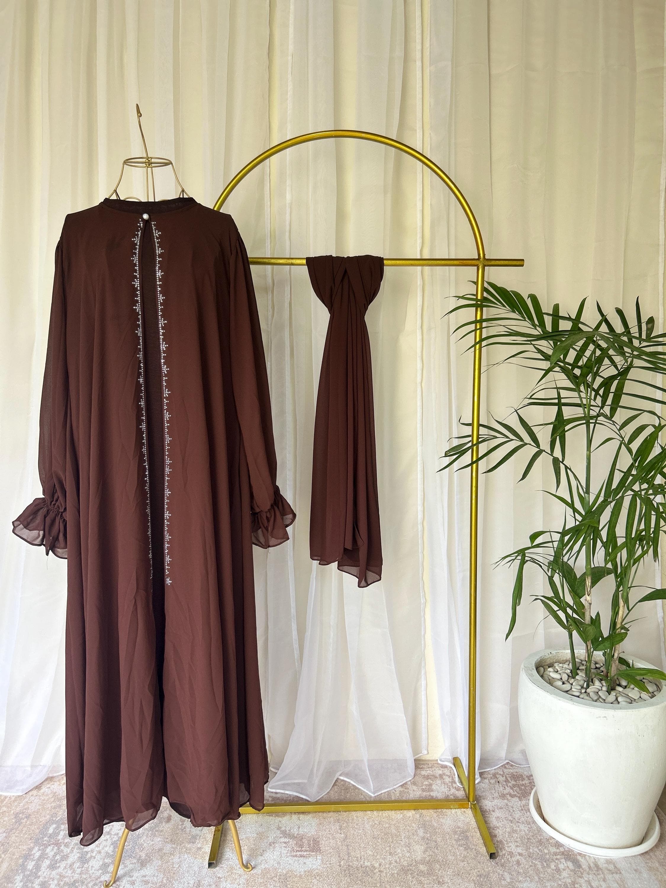 Raina Ramadan Modest Mommy and Me Dress Set Lightweight with Pashmina Hijab Brown - image 4