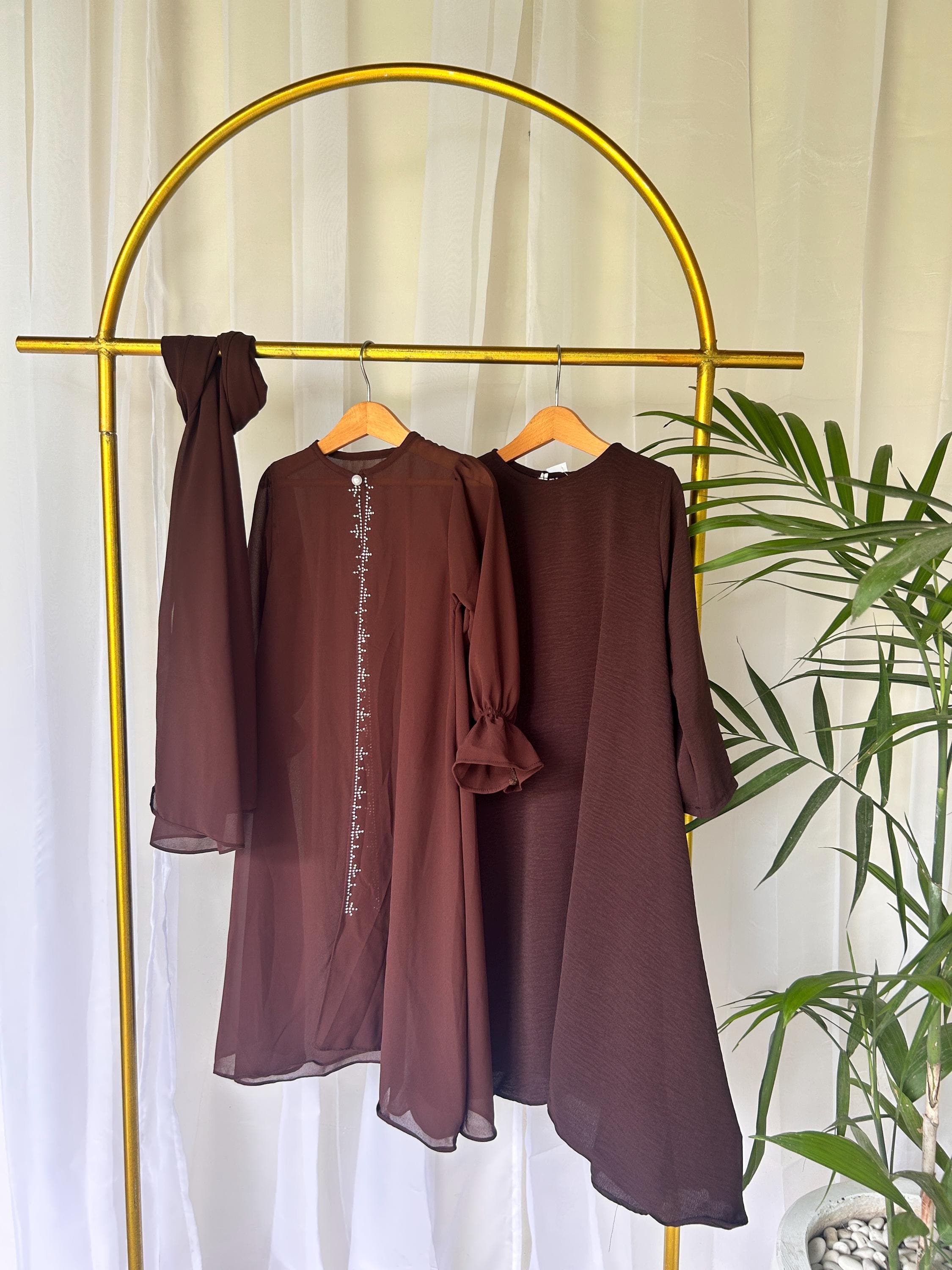Raina Ramadan Modest Mommy and Me Dress Set Lightweight with Pashmina Hijab Brown - image 3