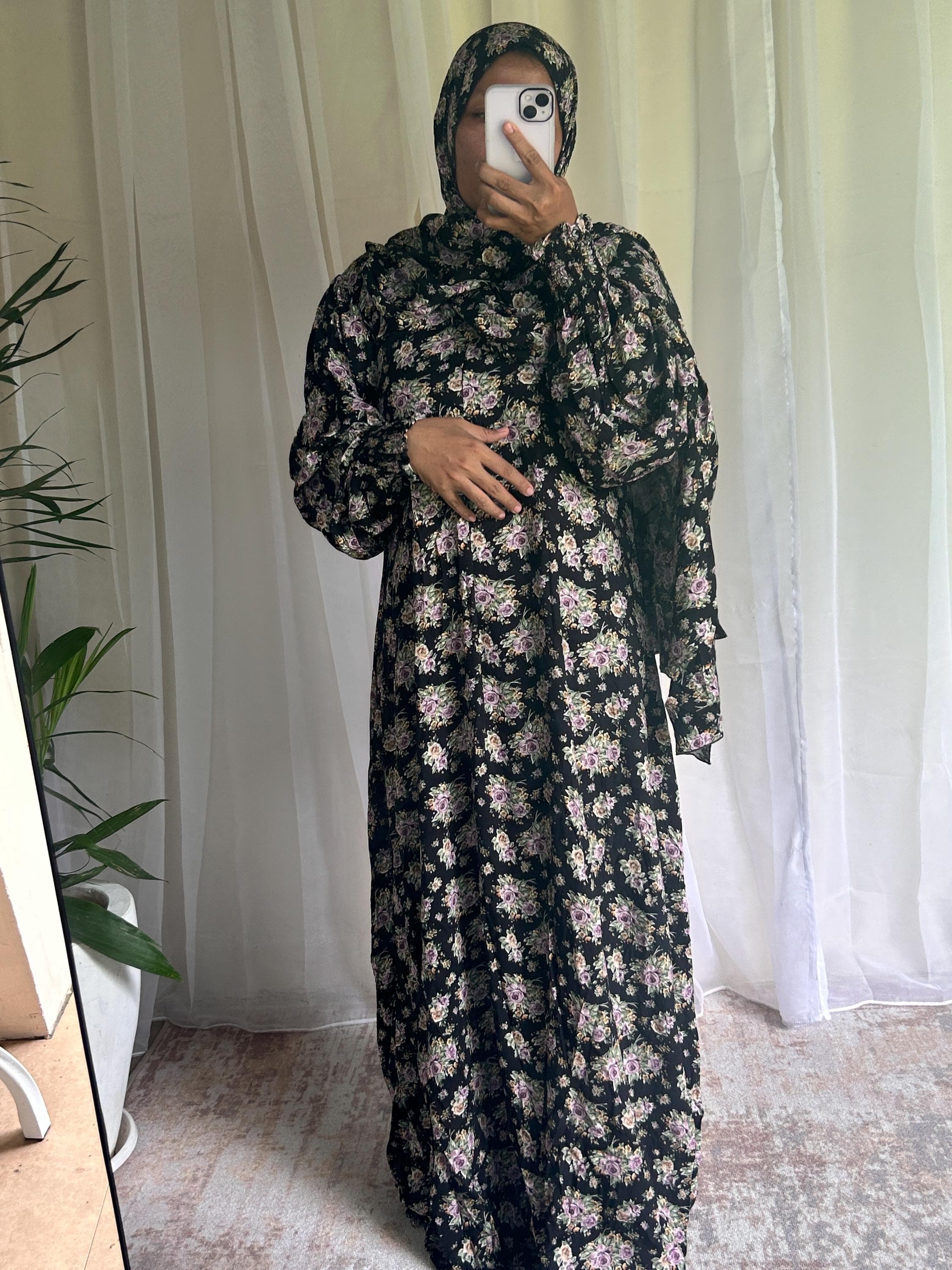 Long Black Floral Prayer Dress | Attached Hijab A-Line Islamic Prayer Outfit - image 5