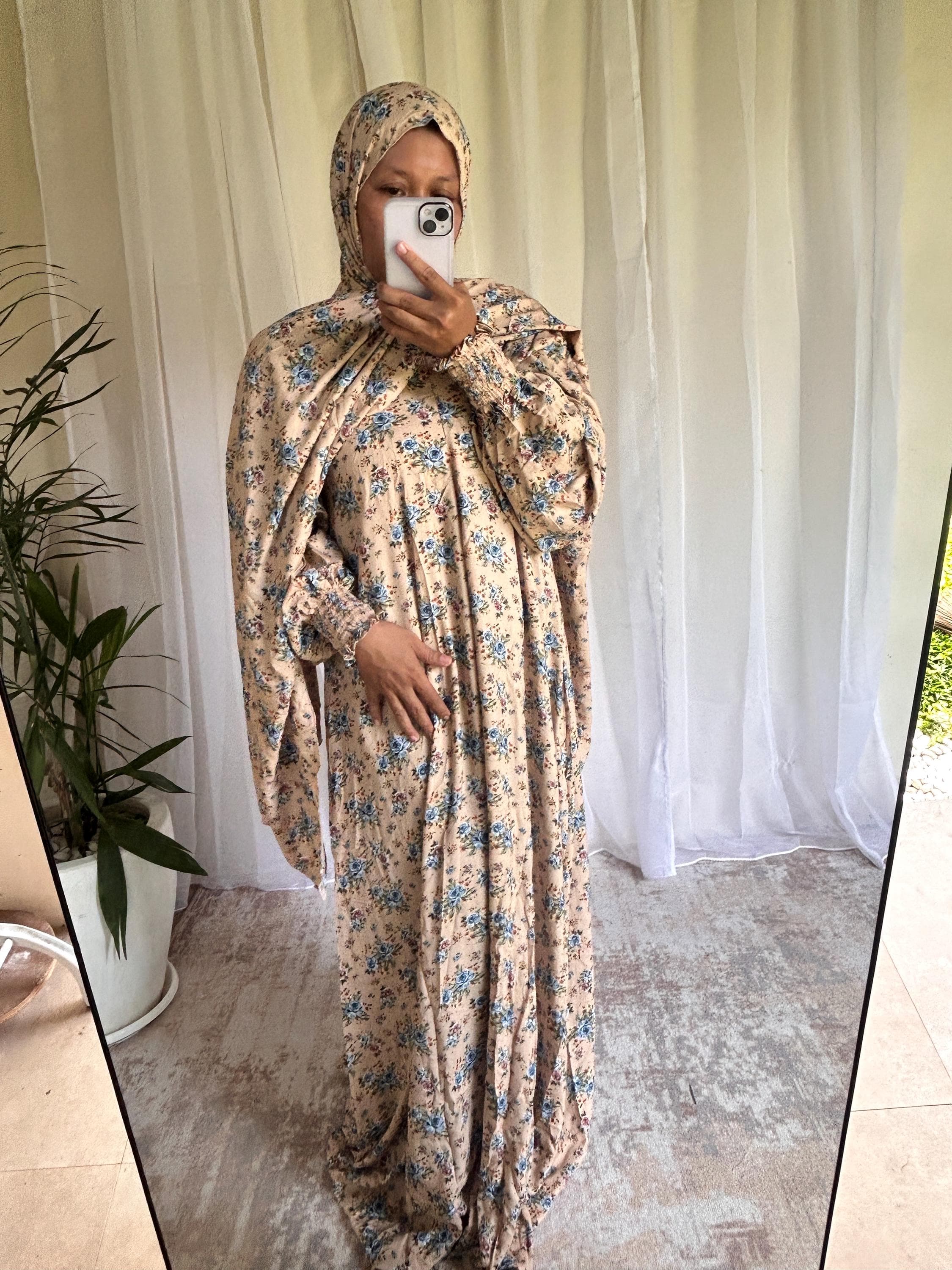 Cream Floral Prayer Dress with Built-In Hijab | Flowing A-Line Salah Dress | Modest Muslim Wear - image 3
