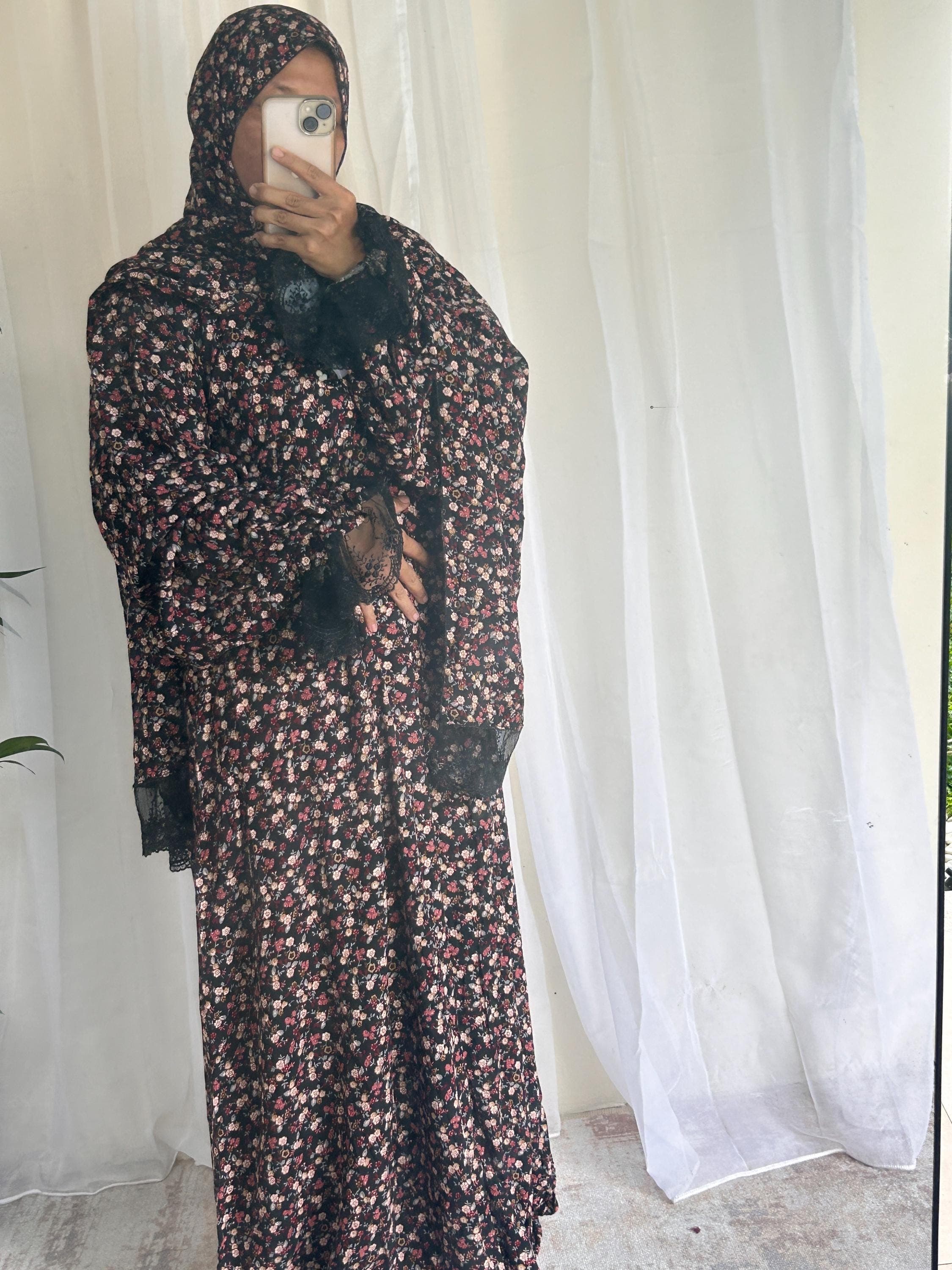 Black Floral Prayer Dress with Attached Hijab – Long A Line Mukena, Modest Islamic Prayer Outfit - image 3