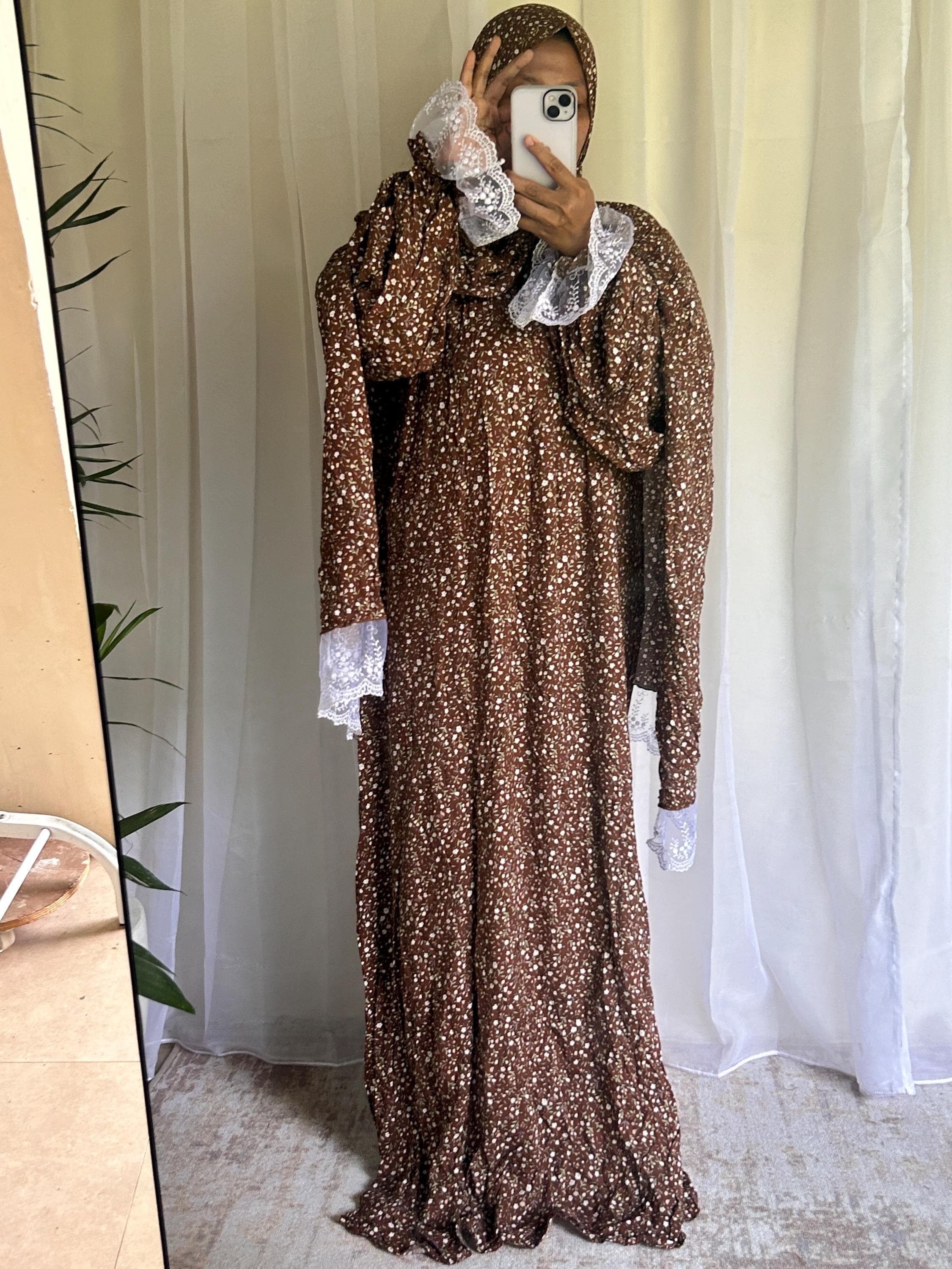 Brown Floral Prayer Dress with Attached Hijab | Flowing A-Line Salah Dress | Modest Muslim Wear - image 4