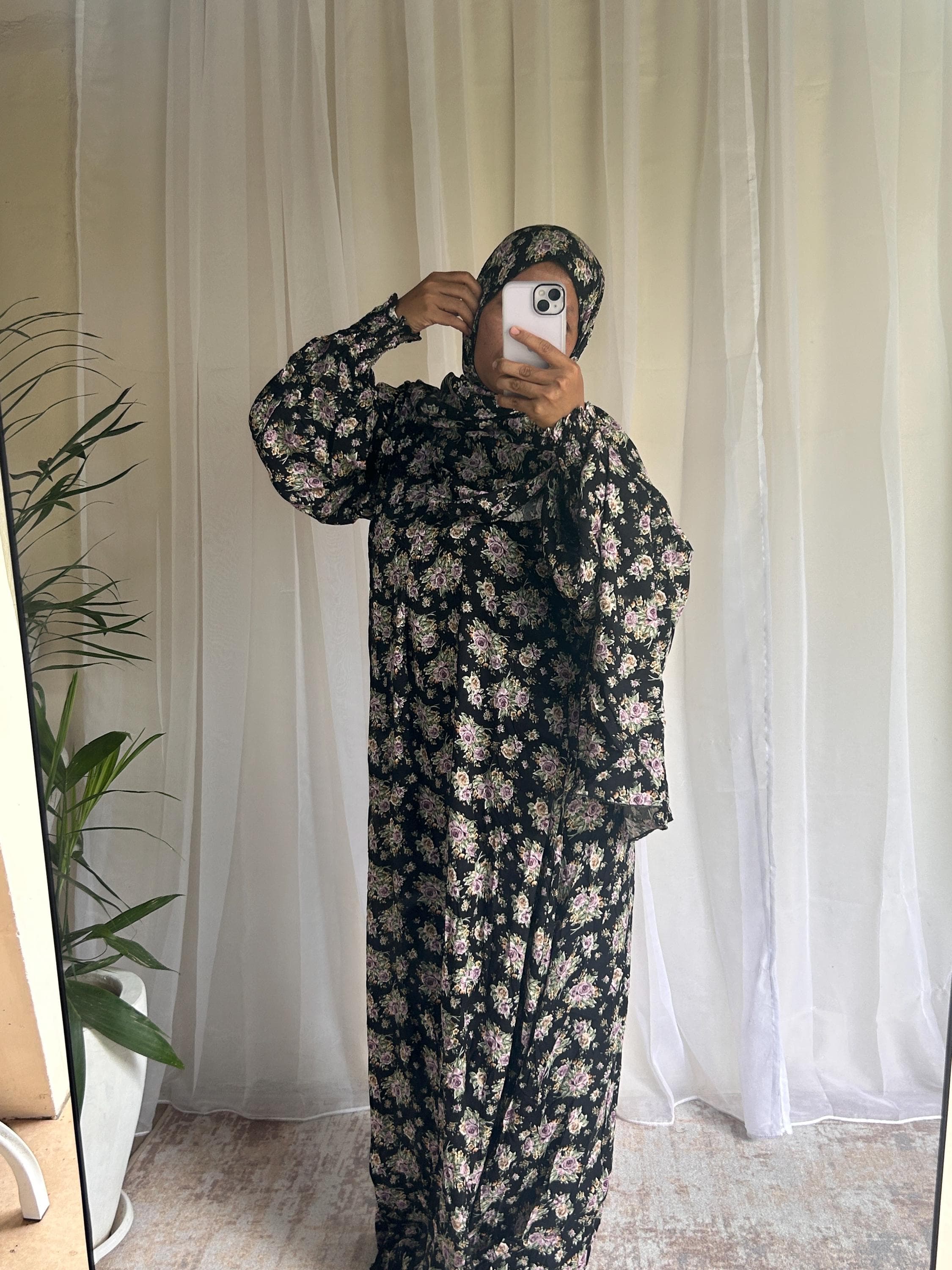 Long Black Floral Prayer Dress | Attached Hijab A-Line Islamic Prayer Outfit