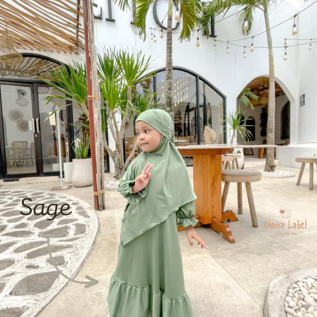 SAFIYYAH Sage Green Baby Syar'i Hijab Set: Ruffled Muslim Dress