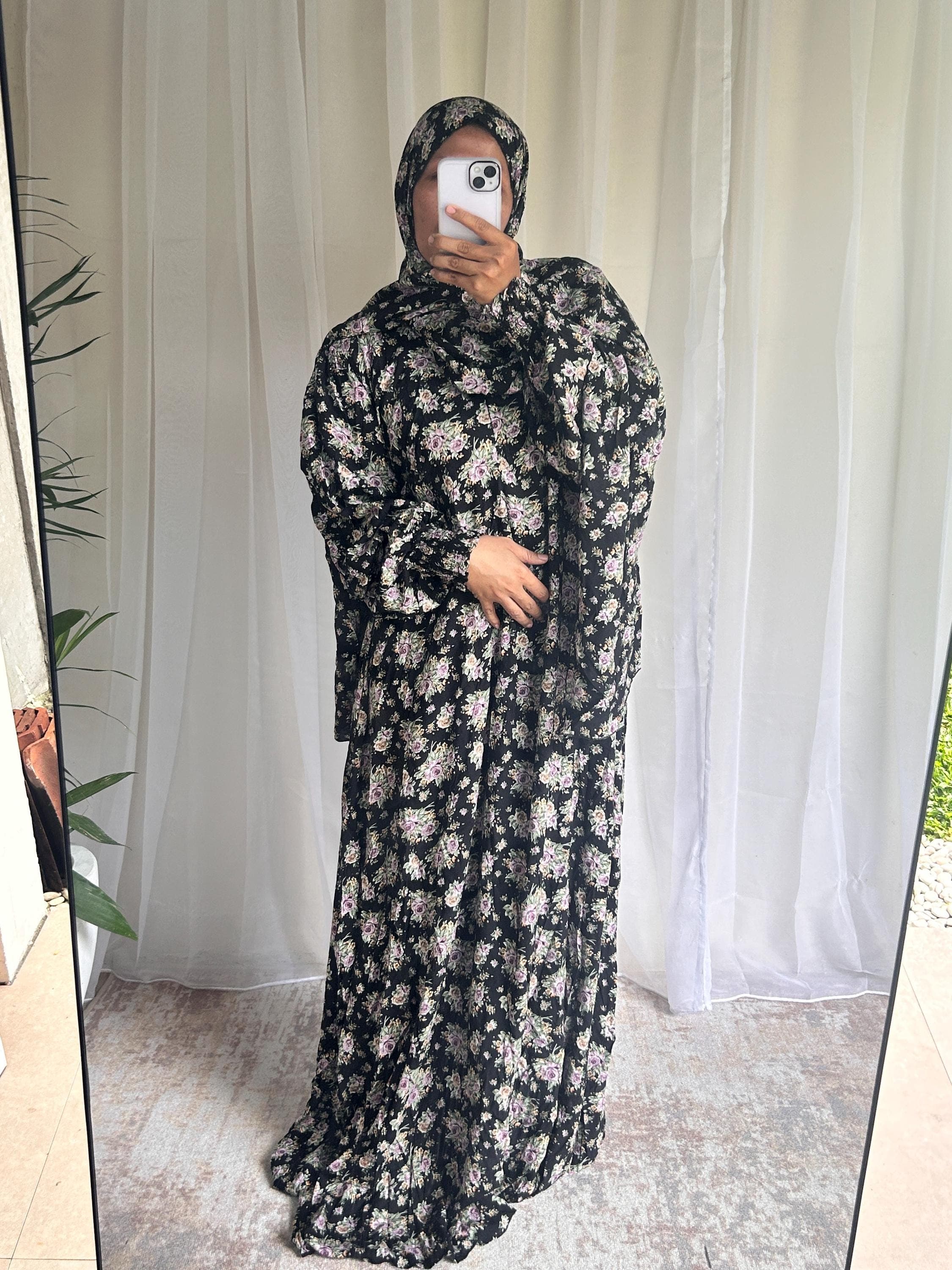 Long Black Floral Prayer Dress | Attached Hijab A-Line Islamic Prayer Outfit - image 3