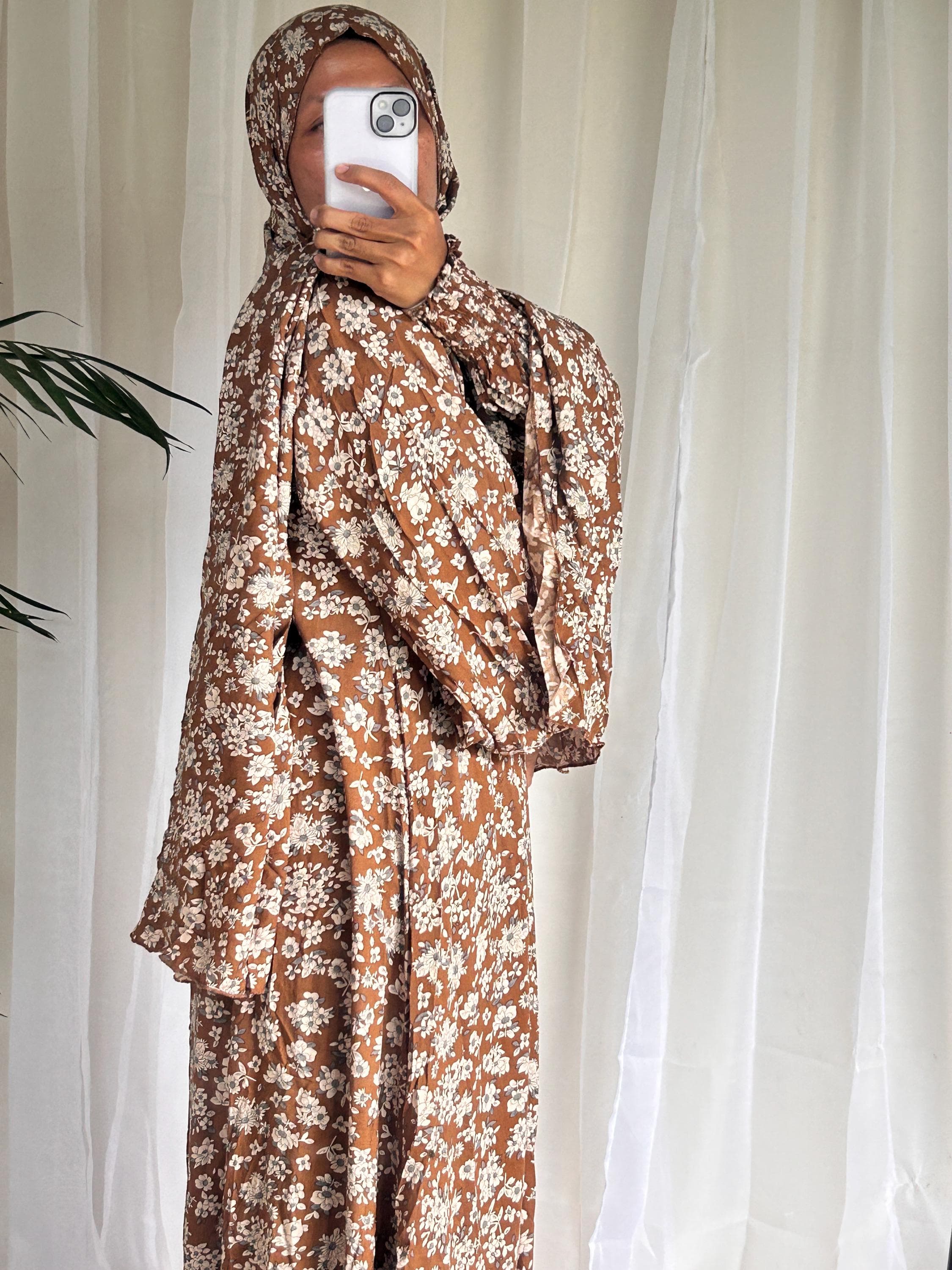 Earth Tone Floral Prayer Dress with Attached Hijab | Modest Muslim Prayer Wear