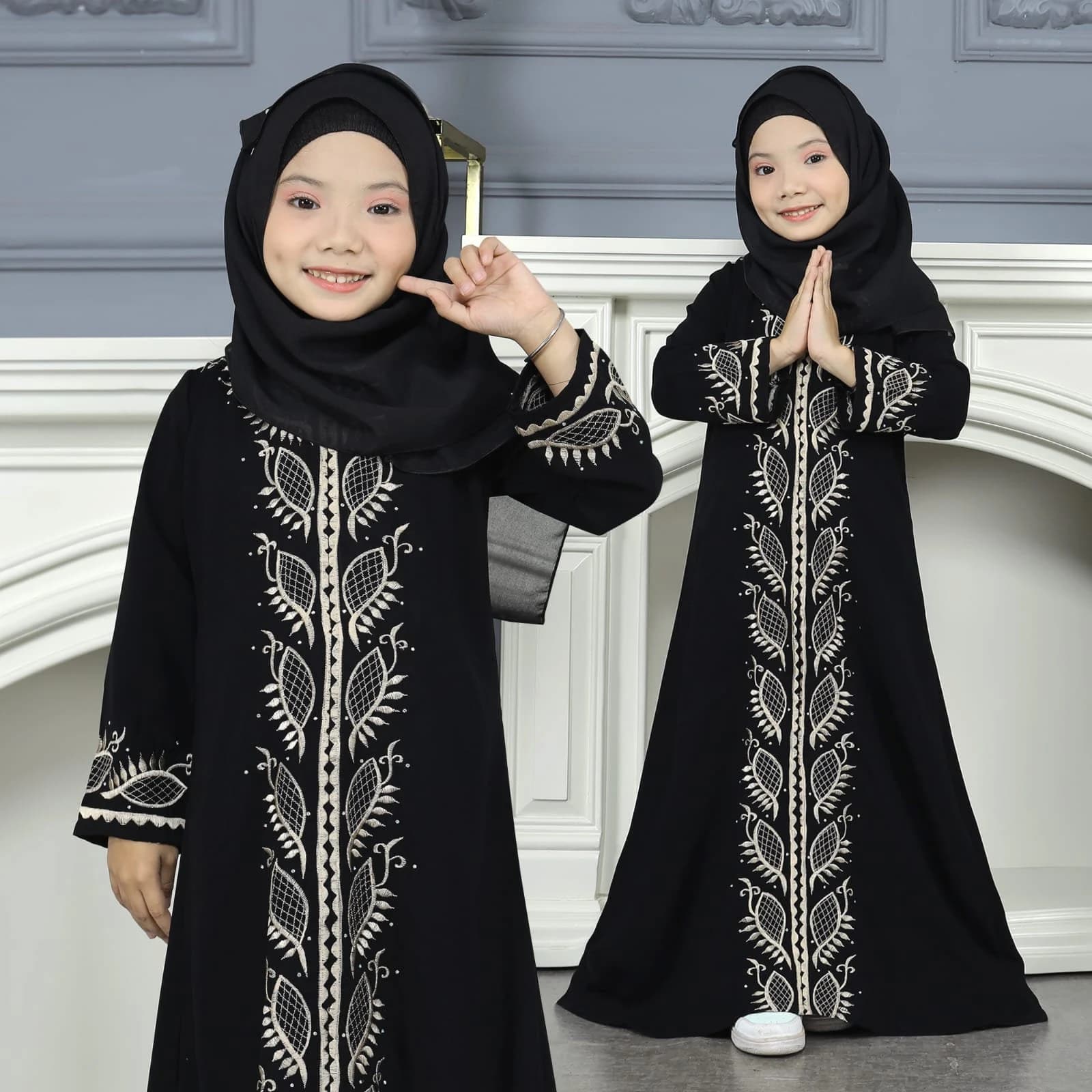 Mumtaz Embroidery Black Abaya Dress & Pashmina Set, Muslim Baby Girl Clothing