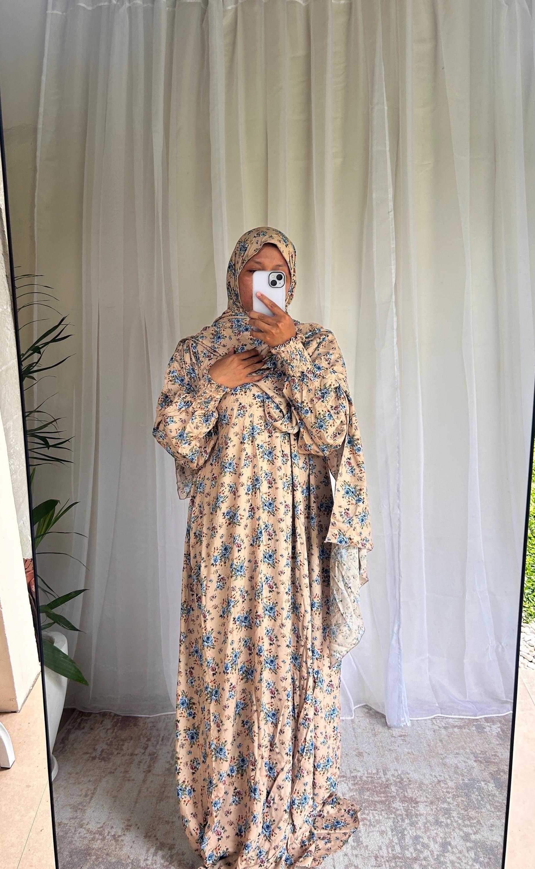 Cream Floral Prayer Dress with Built-In Hijab | Flowing A-Line Salah Dress | Modest Muslim Wear