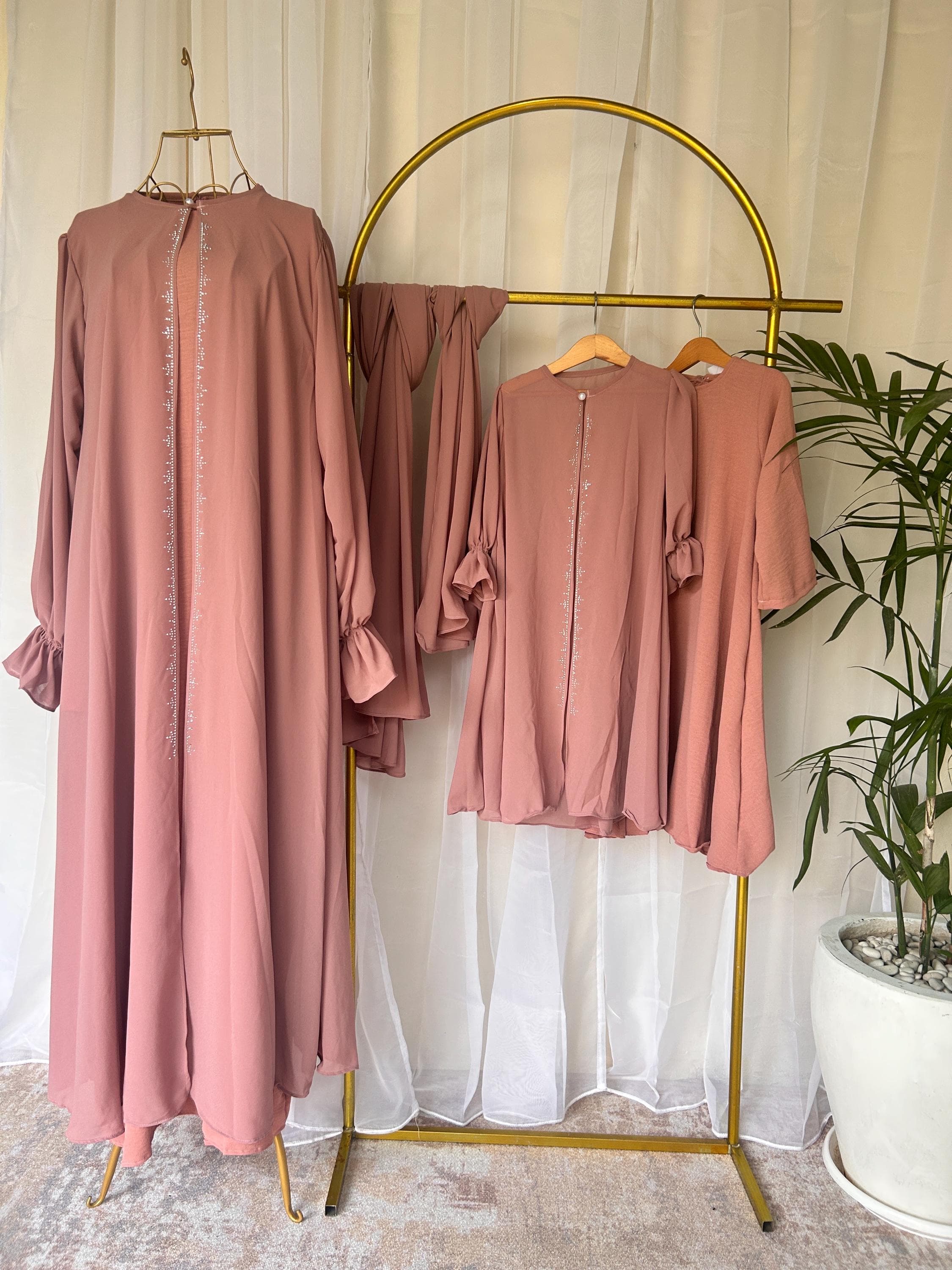 Raina Ramadan Elegant Modest Mommy and Me Dress Set with Pashmina Hijab Dusty Pink