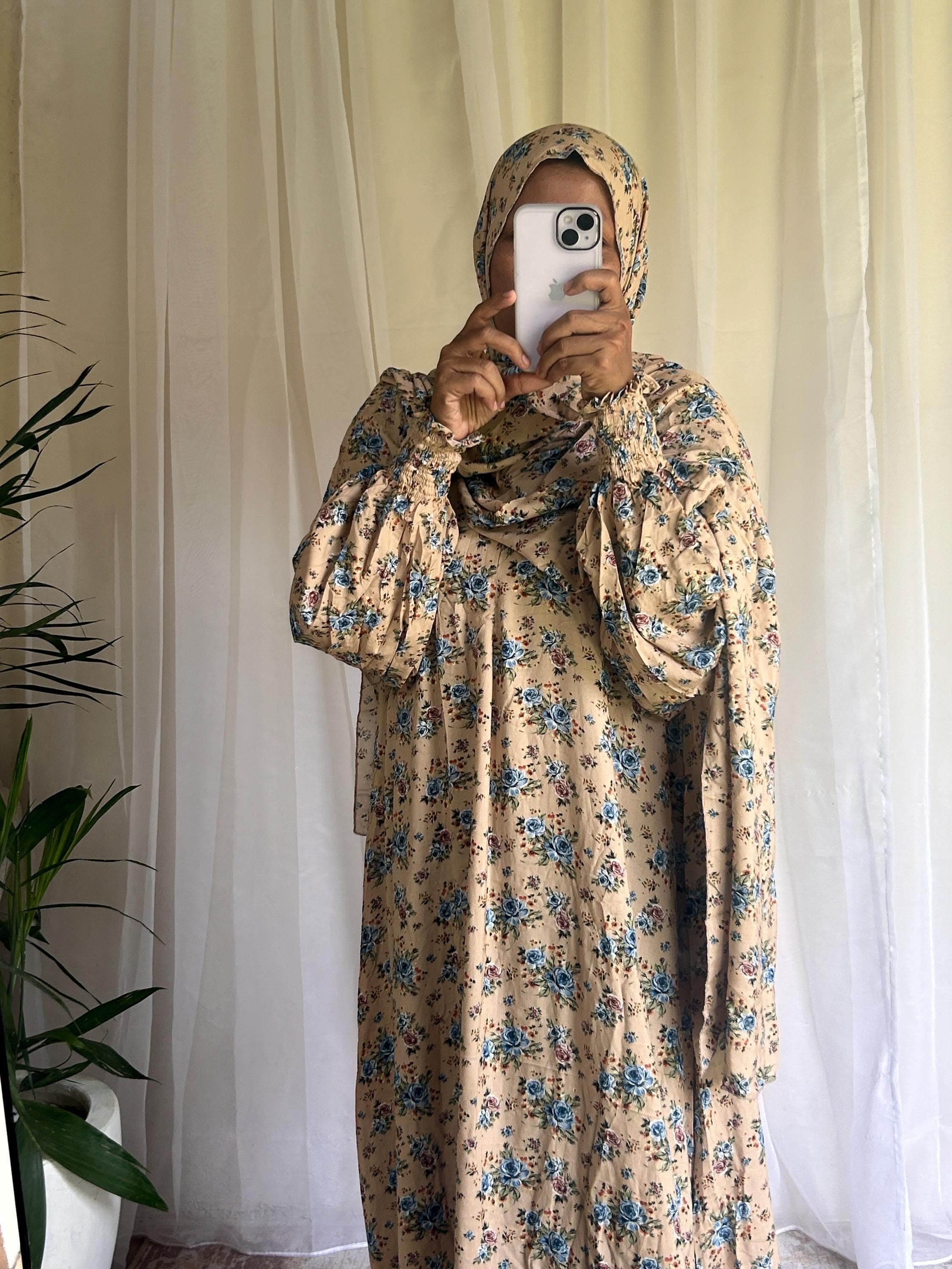 Cream Floral Prayer Dress with Built-In Hijab | Flowing A-Line Salah Dress | Modest Muslim Wear - image 4