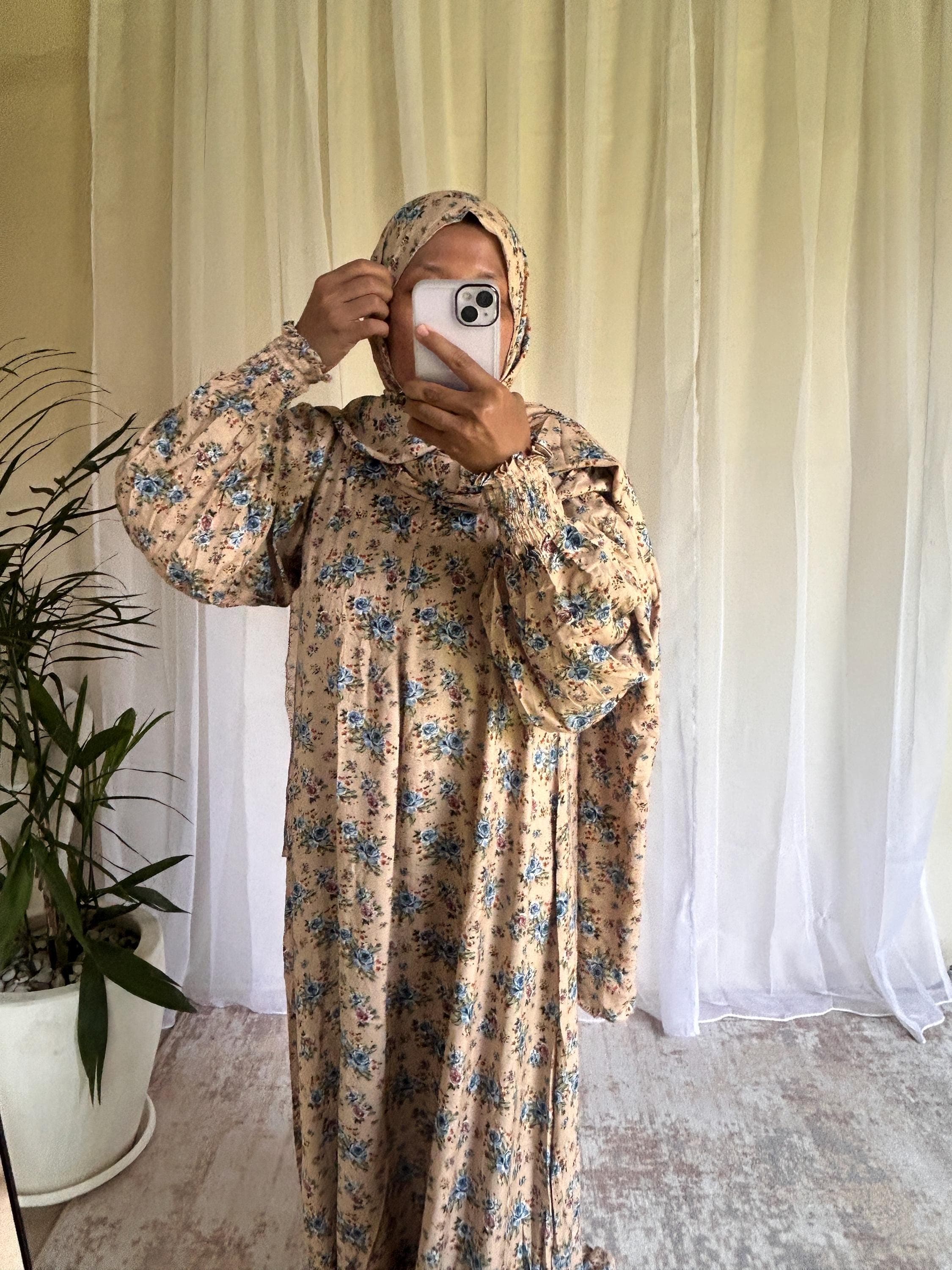 Cream Floral Prayer Dress with Built-In Hijab | Flowing A-Line Salah Dress | Modest Muslim Wear - image 5