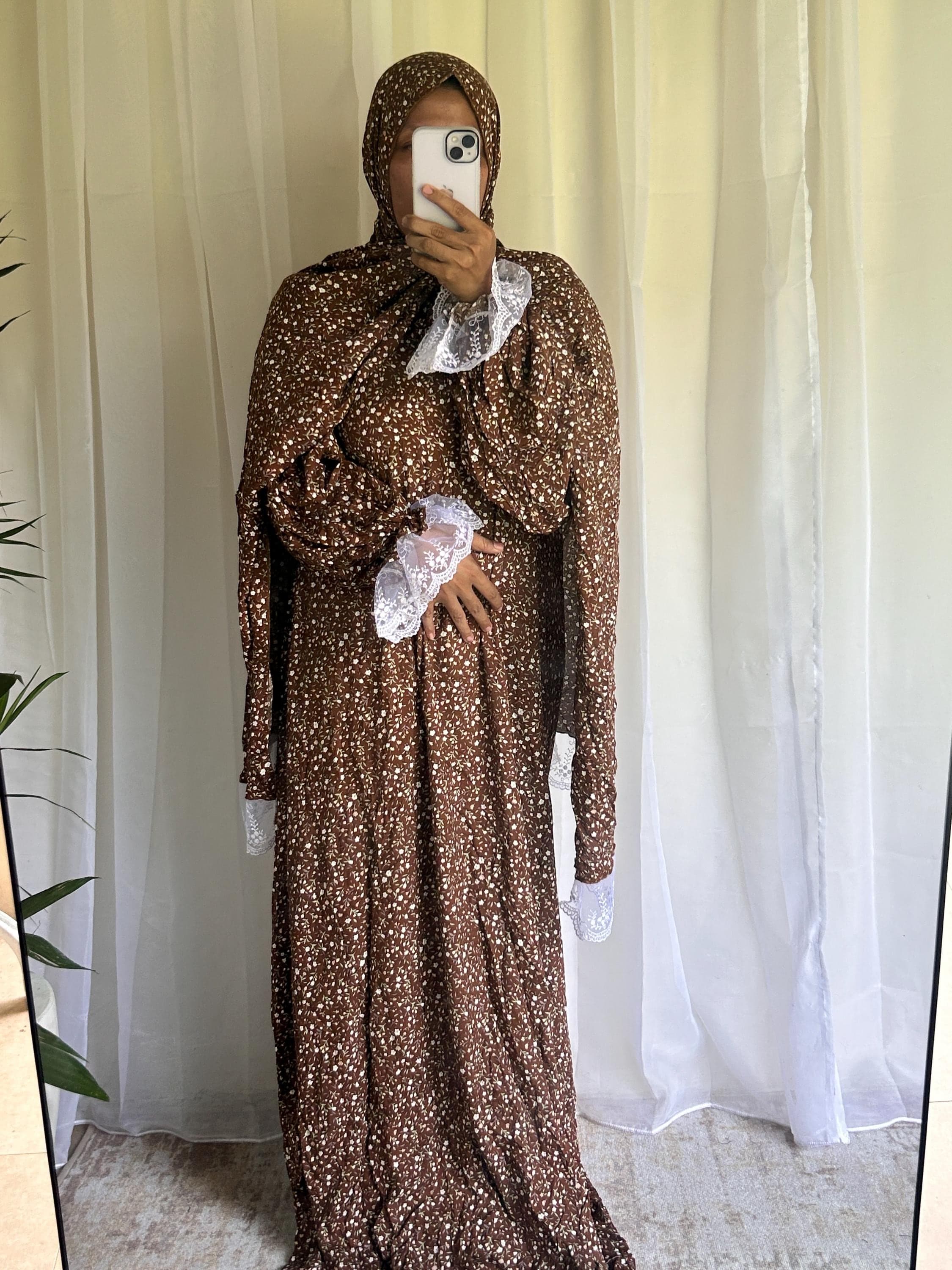 Brown Floral Prayer Dress with Attached Hijab | Flowing A-Line Salah Dress | Modest Muslim Wear