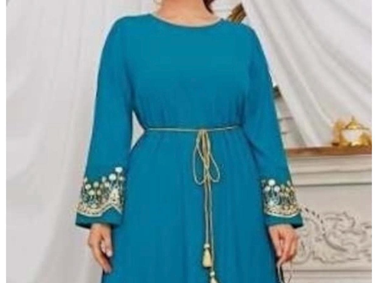 Light Blue Modest Long Dress with Sash Kaftan Abaya - image 3