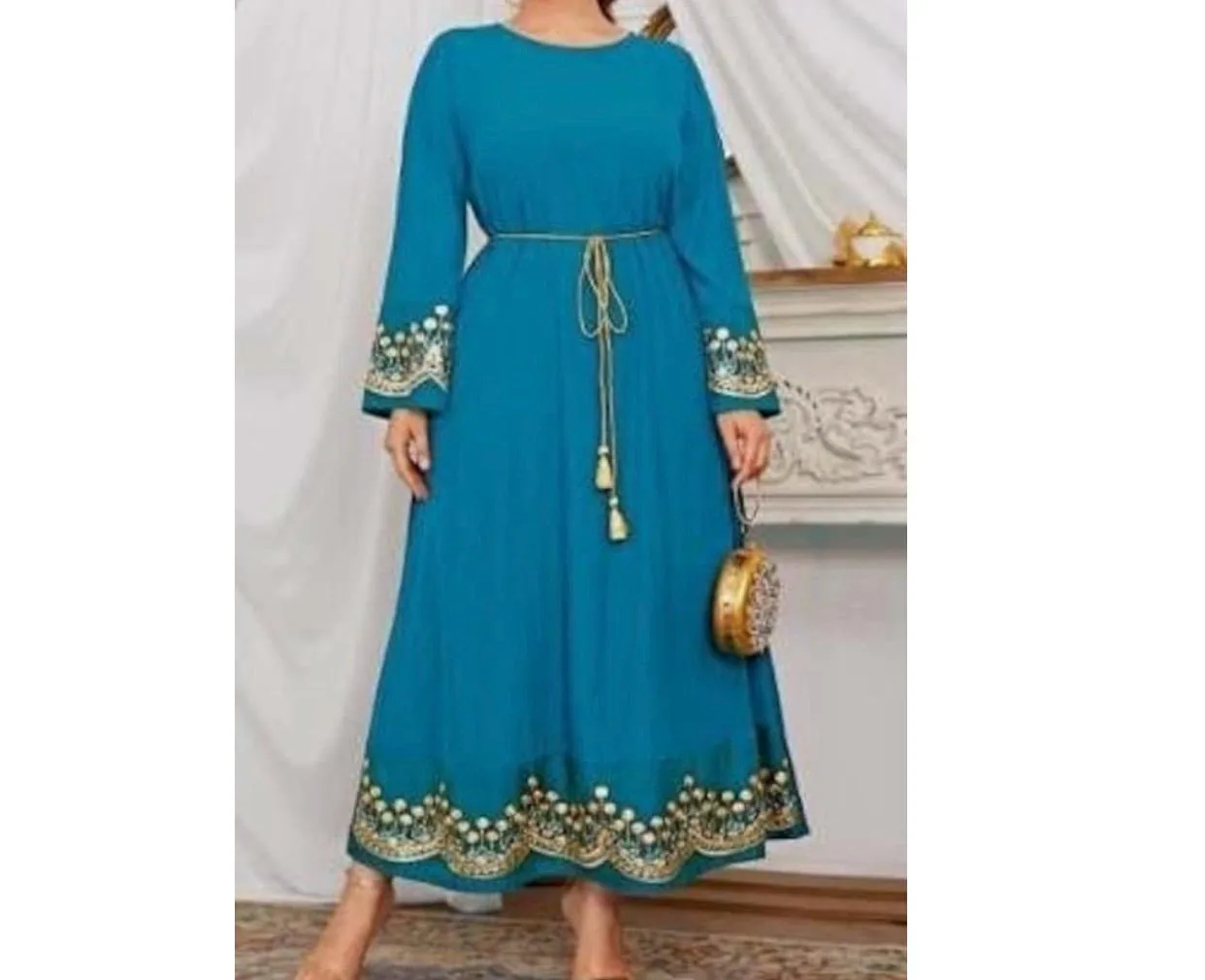 Light Blue Modest Long Dress with Sash Kaftan Abaya