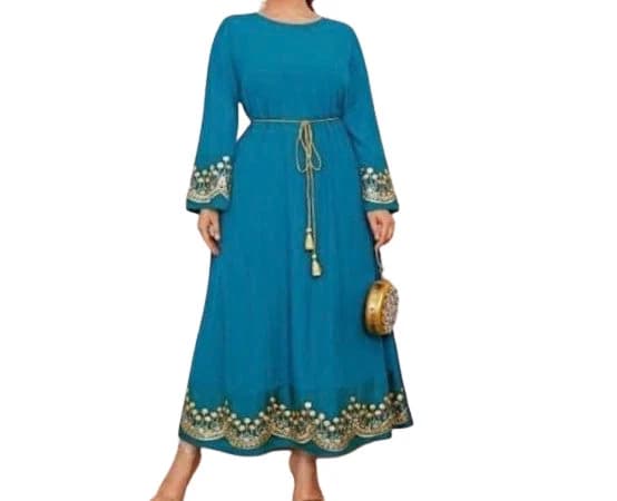 Light Blue Modest Long Dress with Sash Kaftan Abaya - image 4