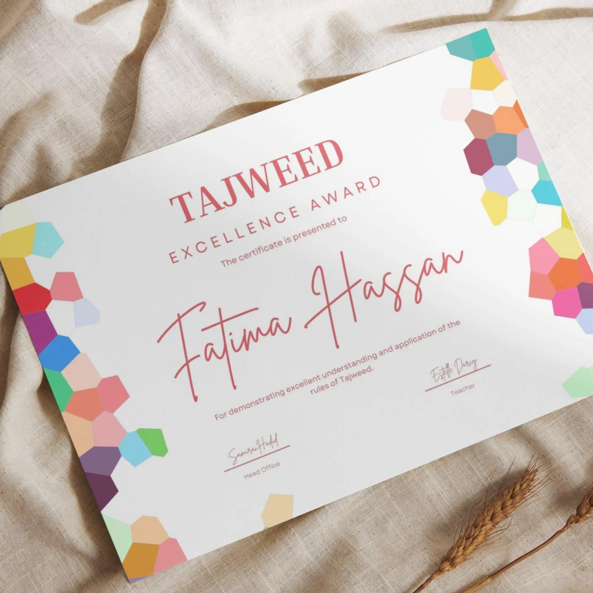 Personalized Tajweed Excellence Award Certificate | Islamic School Achievement (A4 Printed)