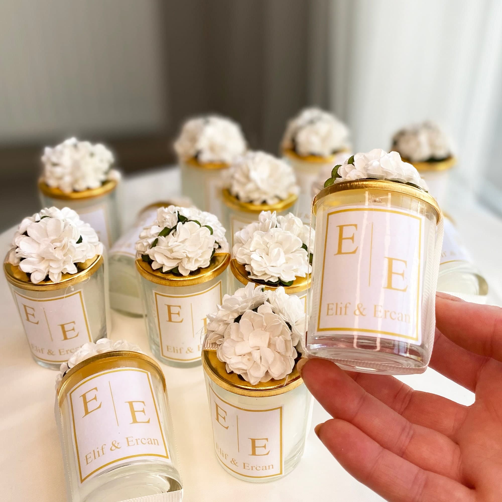 Personalized Wedding Candle Favors: Elegant Glass Candle with Flower Lid - image 4