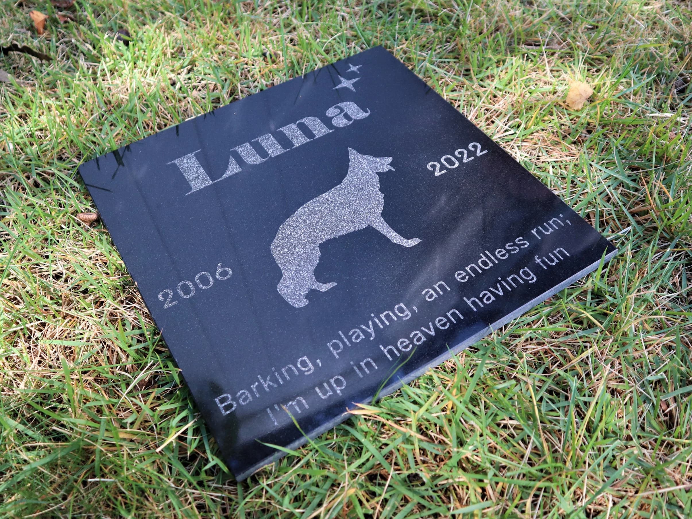 Custom Engraved Black Granite Pet Memorial Stone, Dog Silhouette