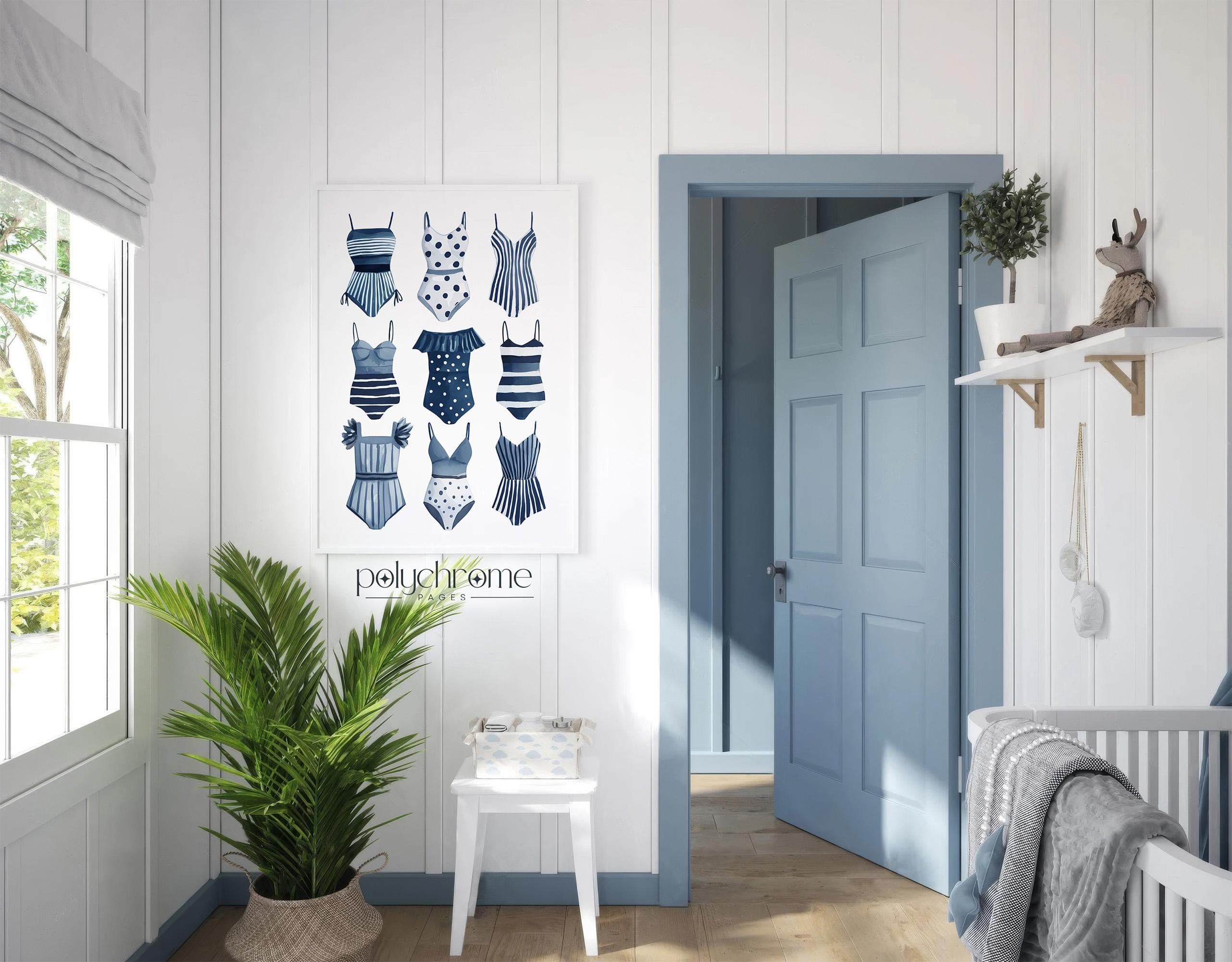 Swimsuits Lineup in Navy Blue, A Variety of Swimwear for Laundry Room, Lake House Pool Bathroom Watercolor Art | Paper Print 5x7-24x36 in - image 3