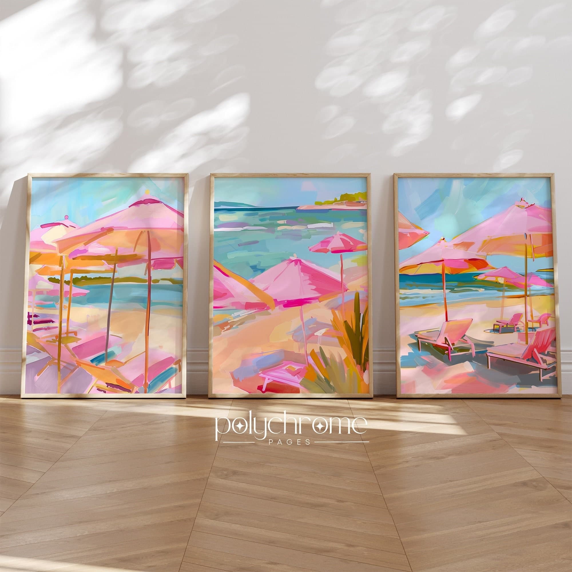 Pink Umbrellas on the Beach, Coastal Pastel Pink and Blue Art, Pool Decor | Paper prints 5x7 - 24x36 in - image 3