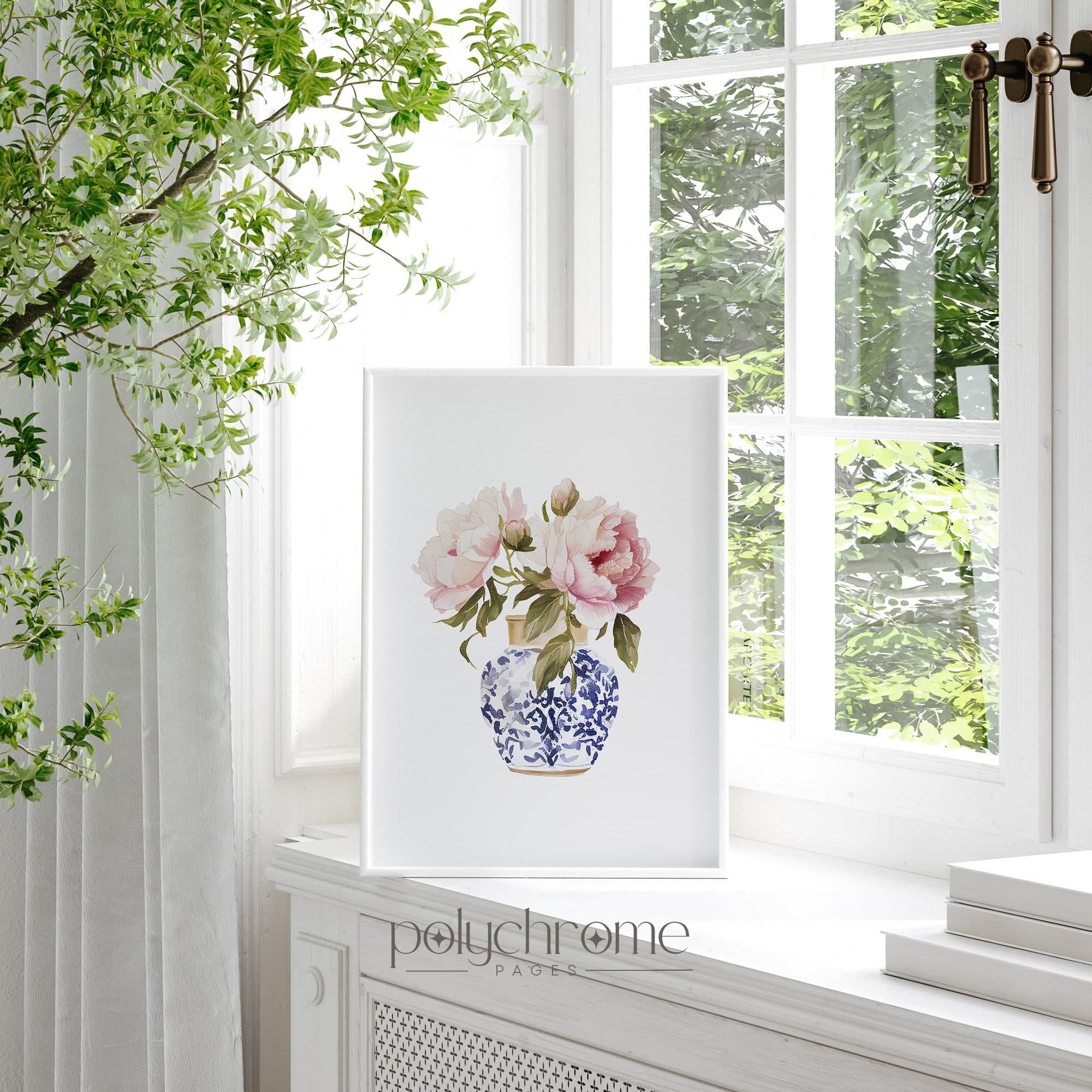 Flowers in chinoiserie watercolor wall art, peonies in blue and white coastal Hamptons art print | Paper print sizes 5x7 - 24x36 in - image 5