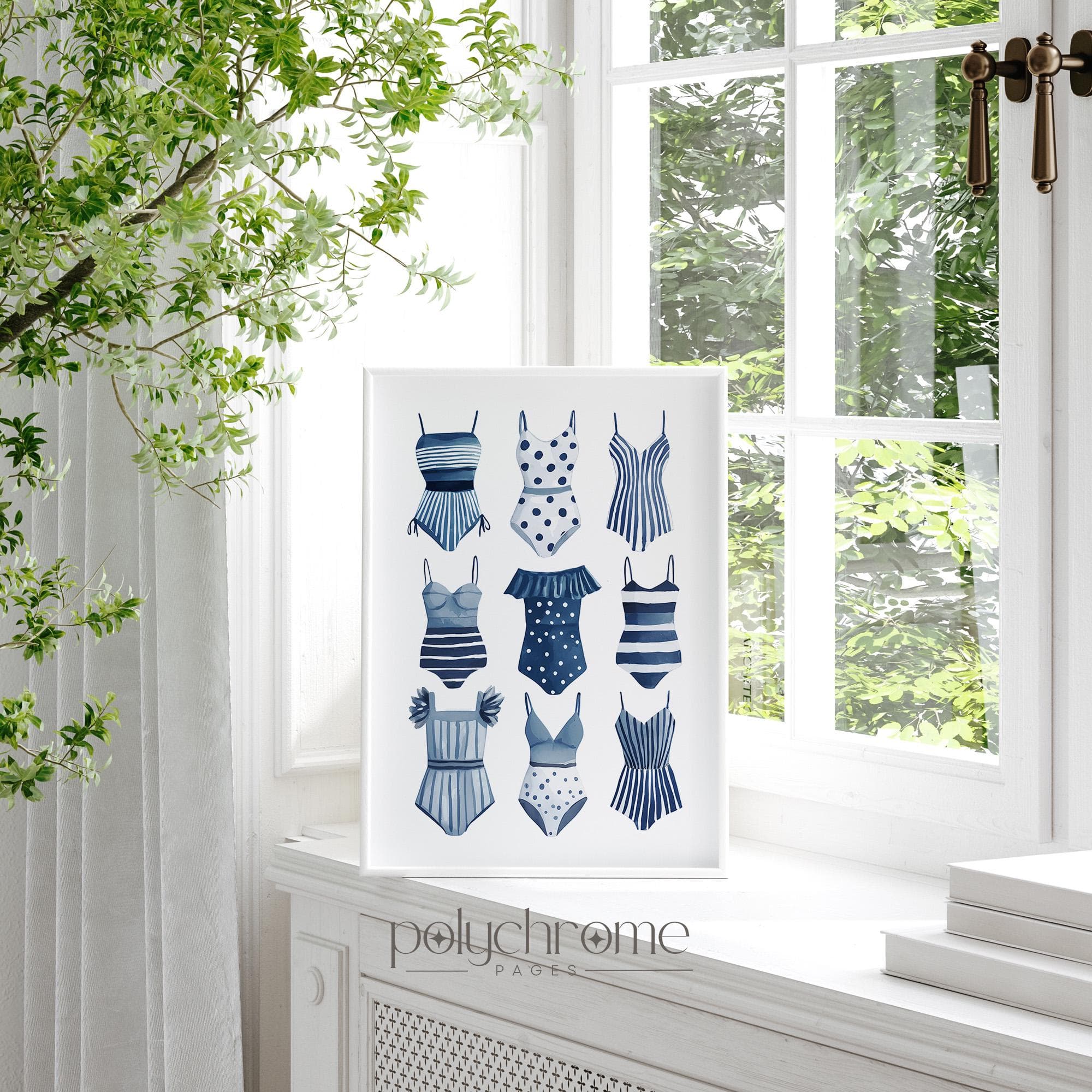 Swimsuits Lineup in Navy Blue, A Variety of Swimwear for Laundry Room, Lake House Pool Bathroom Watercolor Art | Paper Print 5x7-24x36 in