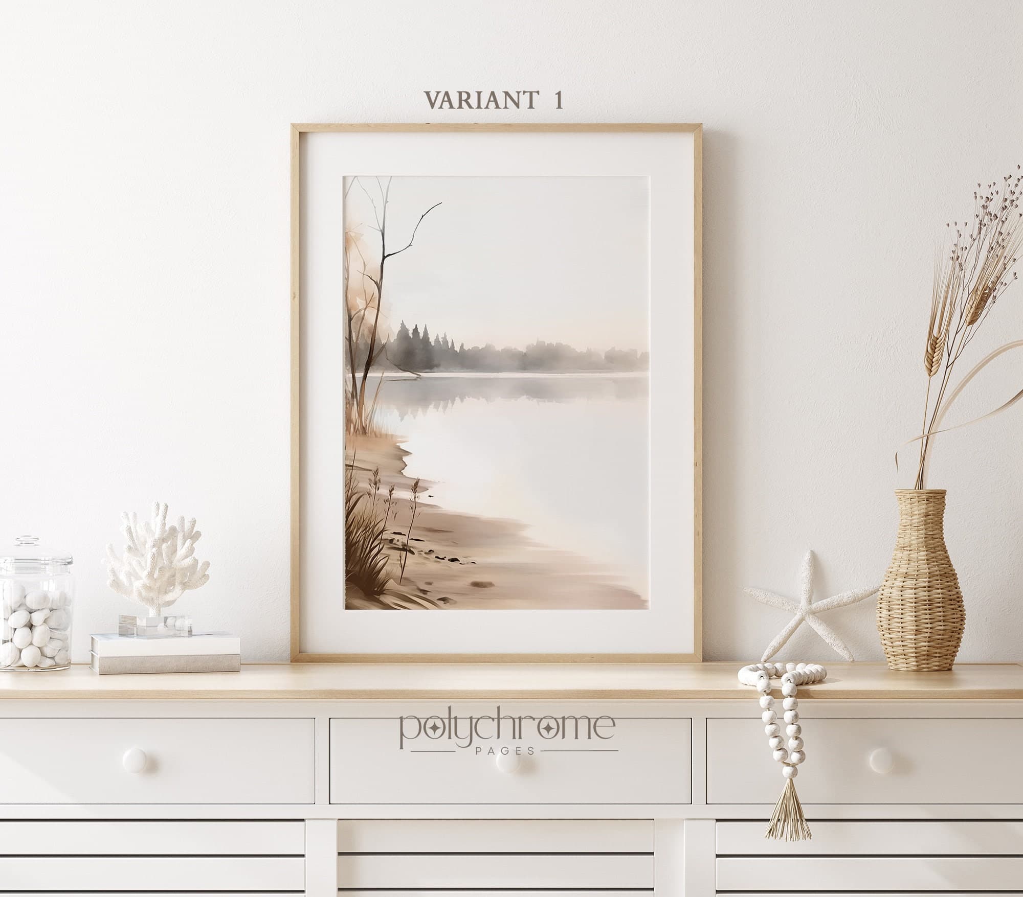 Lake Landscape Paintings in Gray and Beige, Vintage Rustic Pier Greige Lakeside Art | Paper Prints sizes 5x7 - 24x36 in - image 3