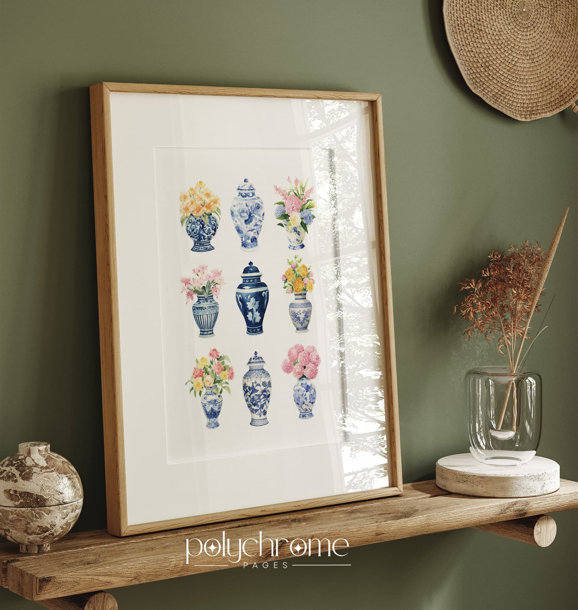 Ginger Jars and Flower Bouquets in Chinoiserie, Grandmillenial Hamptons Style Blue White China 9 Pieces Art | Paper print size 5x7 - 24x36in - image 4
