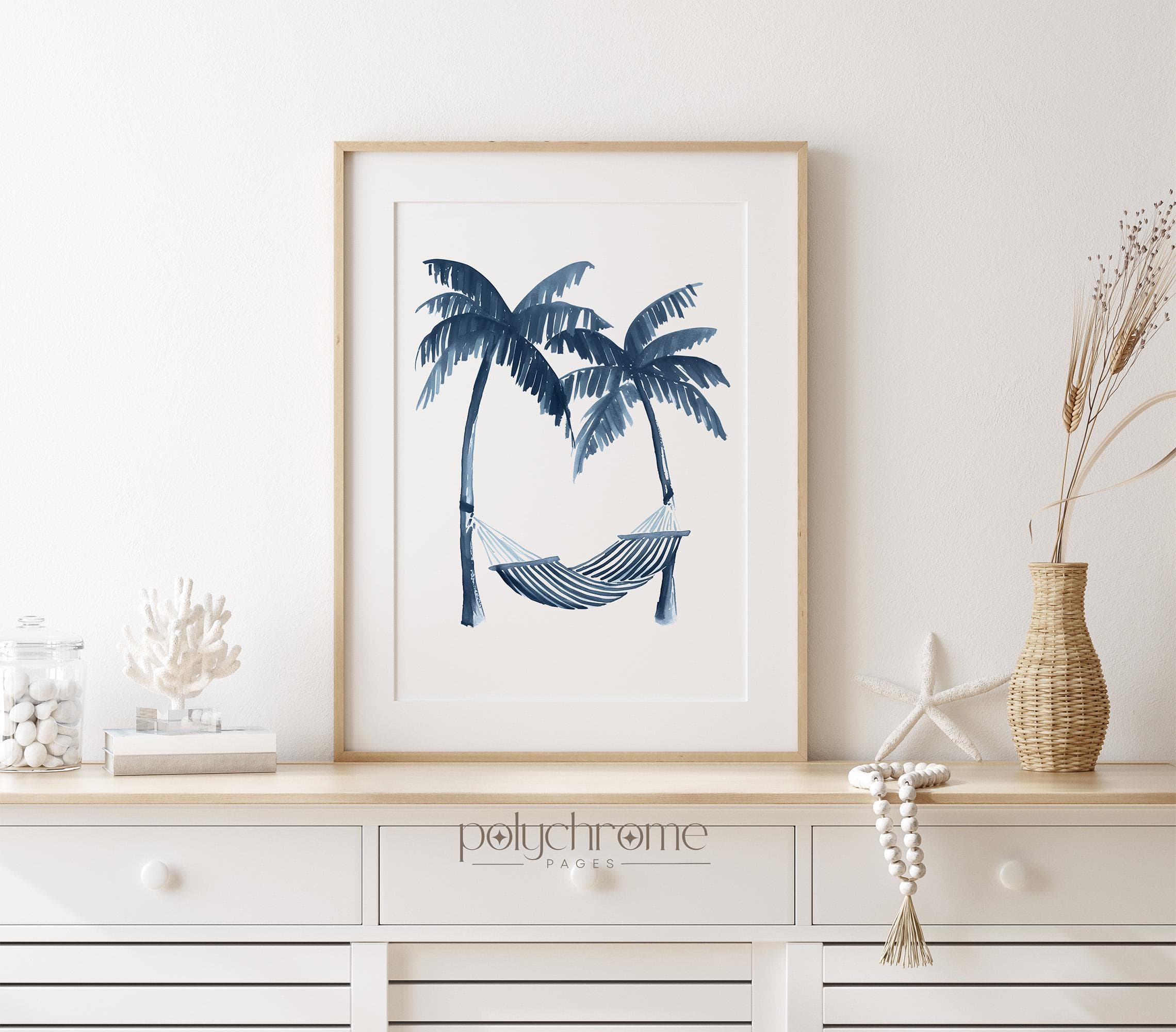 Striped Hammock and Palm Trees in Navy Blue, Vacation Style Bedroom Decor, Coastal Summer Dorm Room Art | Prints 5x7 - 24x36 in - image 3
