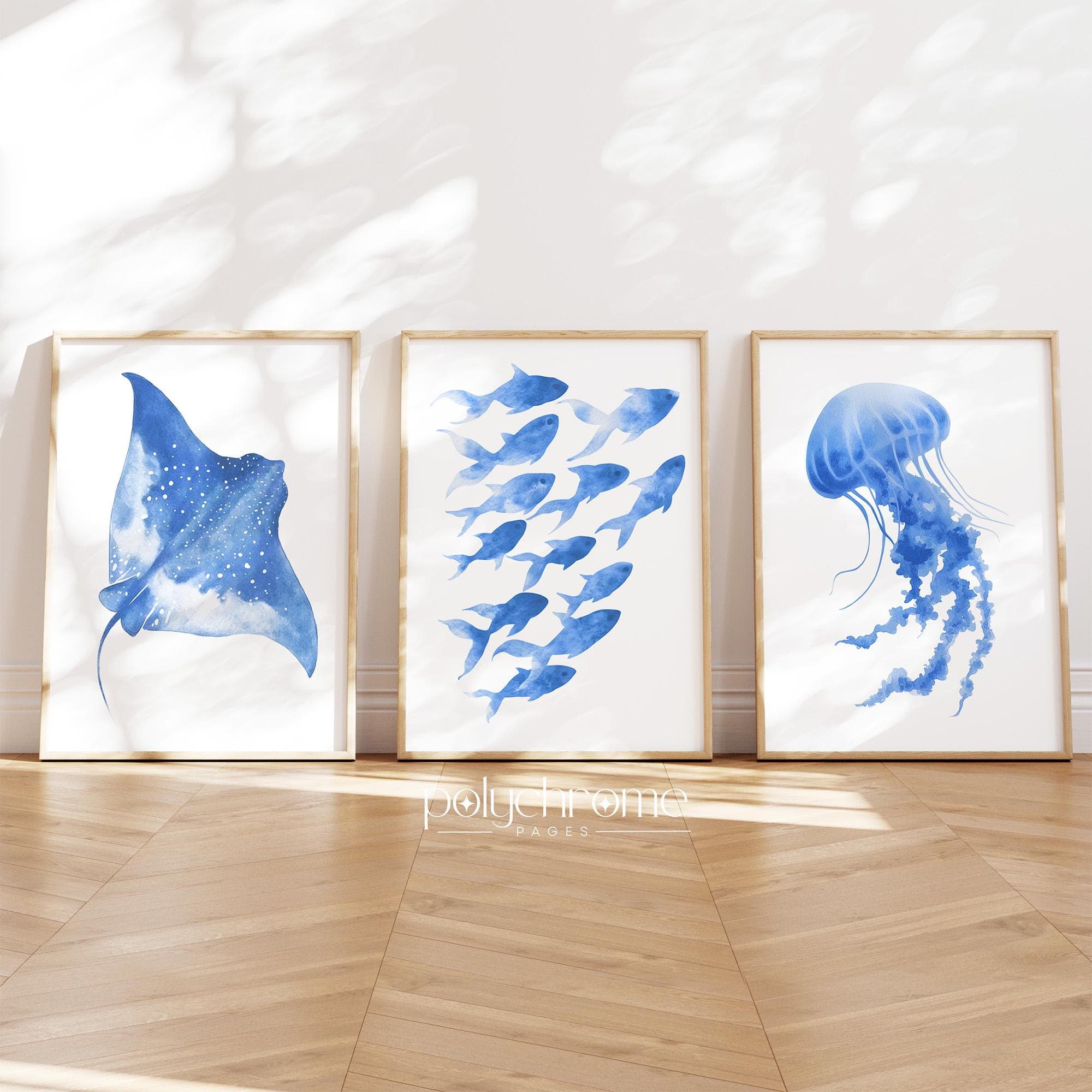 Stingray, Fish and Jellyfish Sea life in Ocean Blue, Vacation Rental Decor, Pool Watercolor Coastal Wall Art | Paper Prints 5x7 - 24x36in