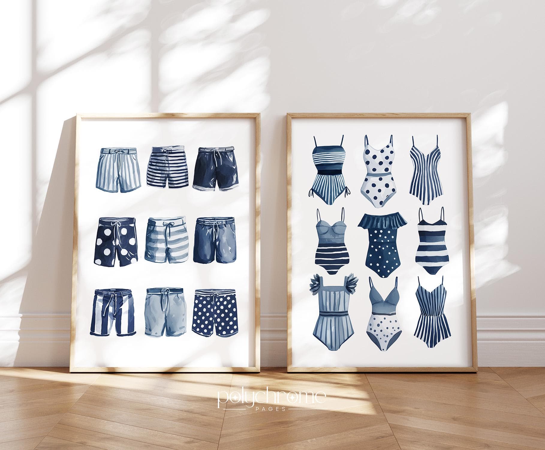 Swimwear Lineup in Navy Blue, A Variety of Swimsuits and Trunks for Laundry Room, Lake House Pool Bathroom Art | Paper Print 5x7 - 24x36 in