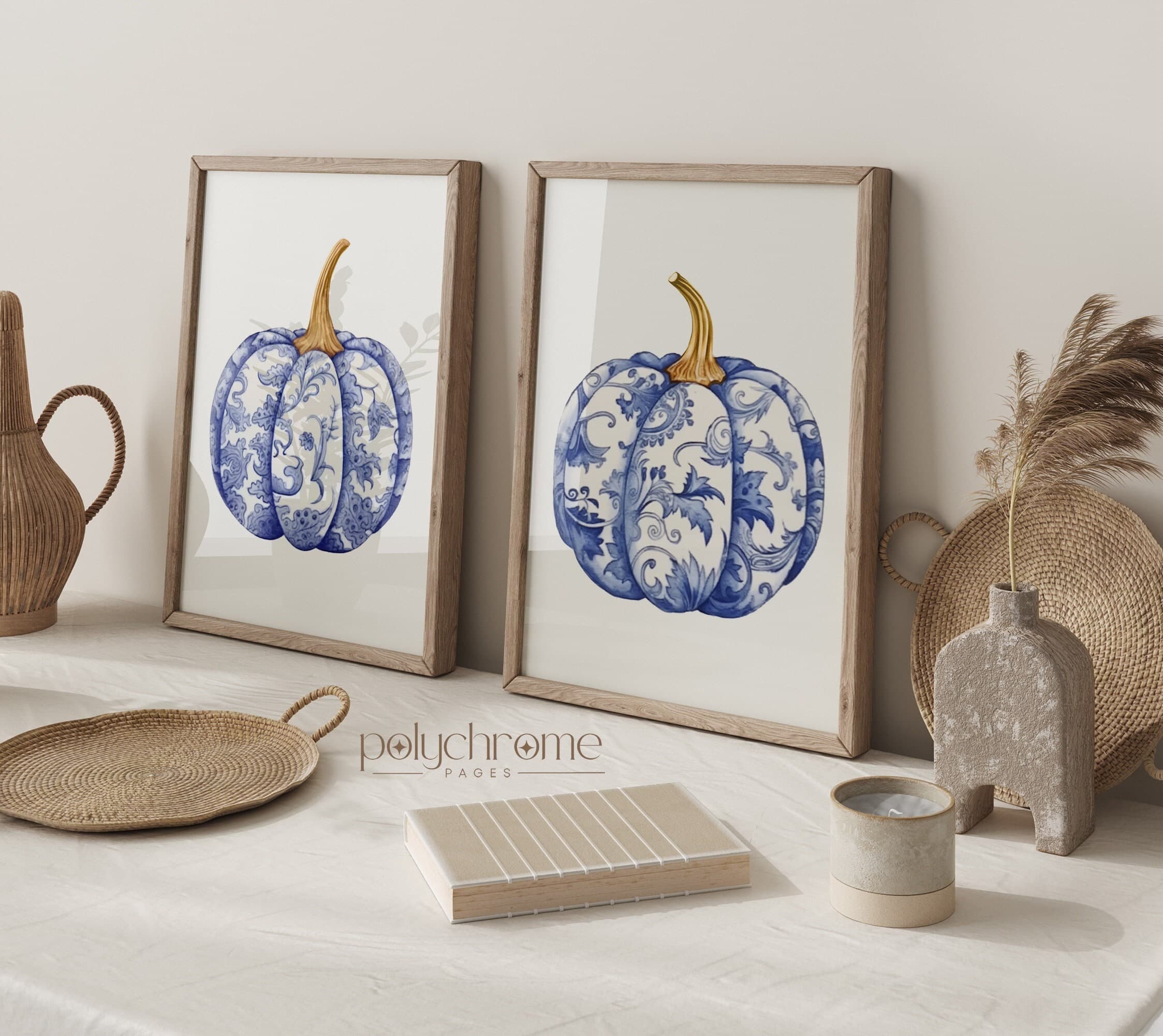 Chinoiserie Pumpkin Art, Hamptons Style Autumn Aestetic Fall Paintings, Cottagecore Blue and White China | Paper Print Sizes 5x7 - 24x36 in