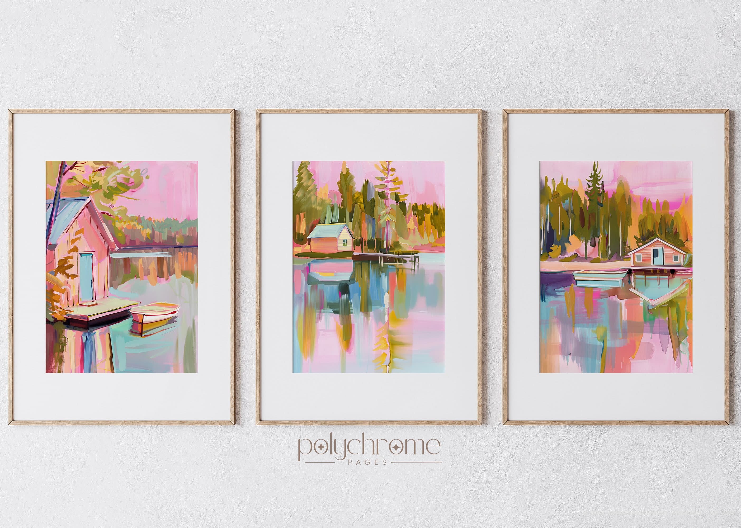 Home on the Lake with Pier and Boat, Vintage Lake House Landscape in Pastel Pink and Blue Oil Painting | Paper prints 5x7 - 24x36 in - image 4