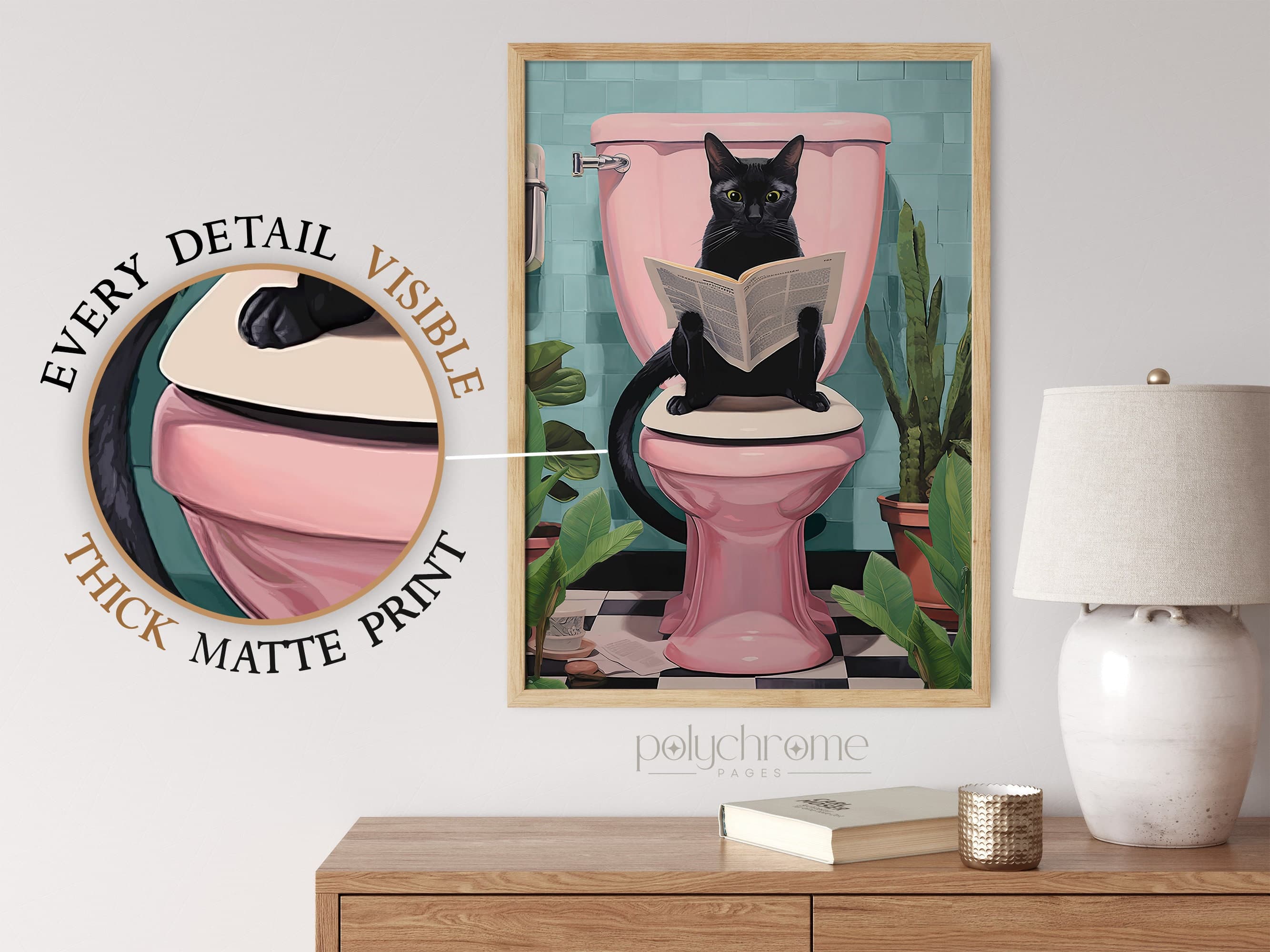Bathroom decor art, home accent decor, bathroom wall art, gifts for cat lovers, 
picture of drawn cat, funny bathroom art, bathroom artwork, cat poster, eclectic style decor, black cat art, cat using toilet, 
cat reading