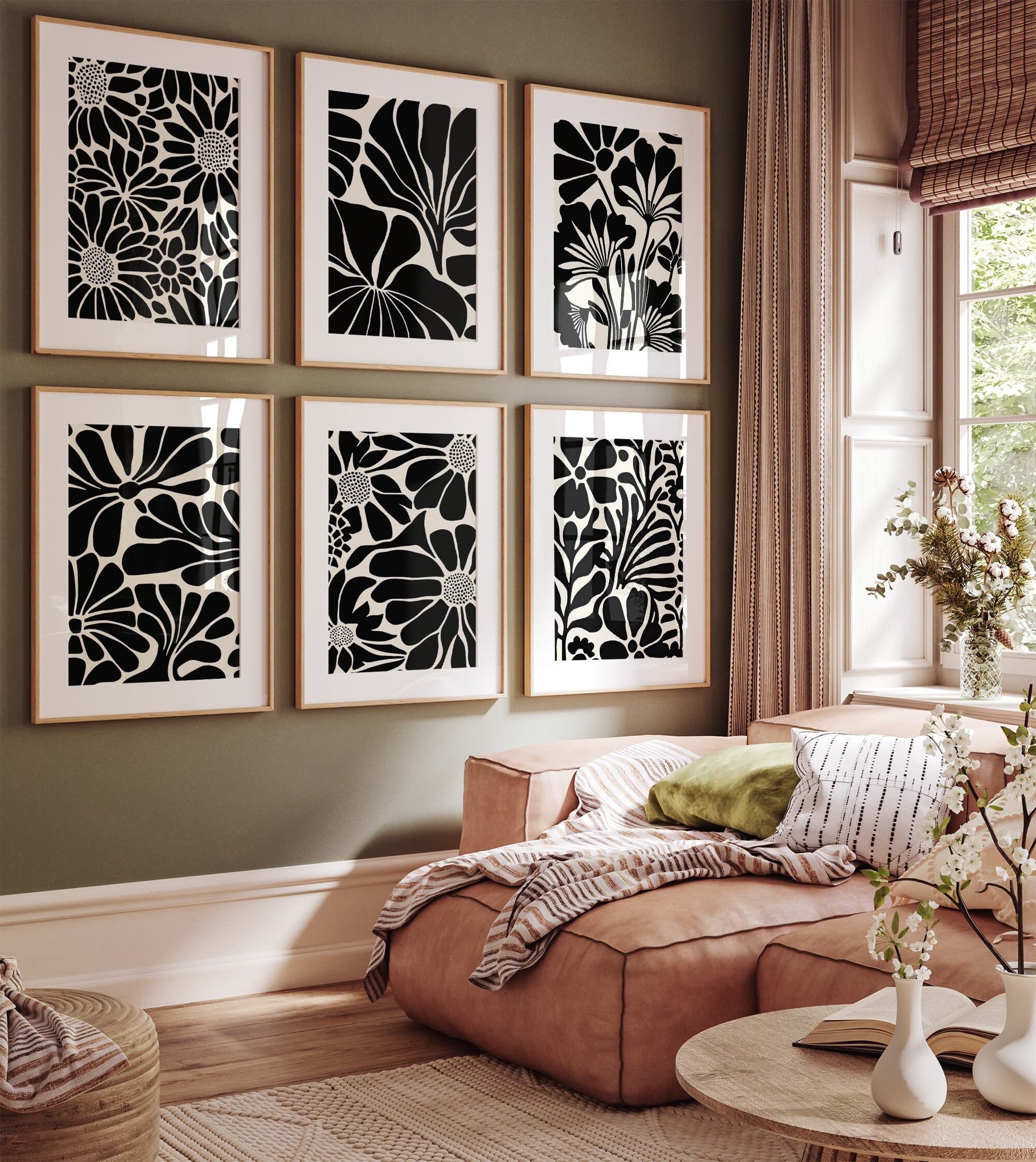 Minimal aesthetic black and white art - Flower illustration abstractionism artworks - set of 6 | Printable Wall Art sizes 8x10 - 24x36in