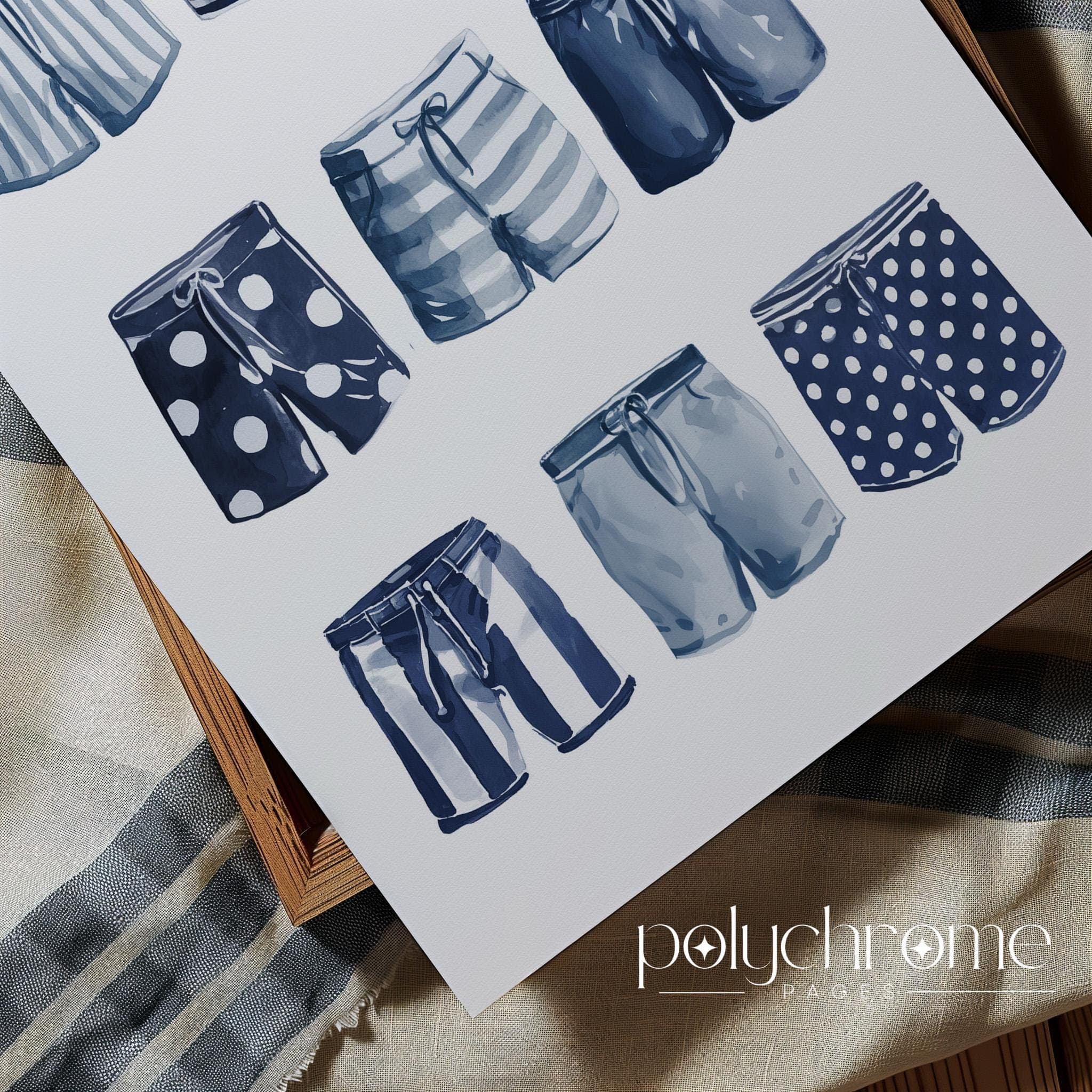 Shorts Lineup in Navy Blue, A Variety of Trunks for Laundry Room, Painted Swimwear, Lake House Pool Bathroom Art | Paper Print 5x7-24x36 in - image 4
