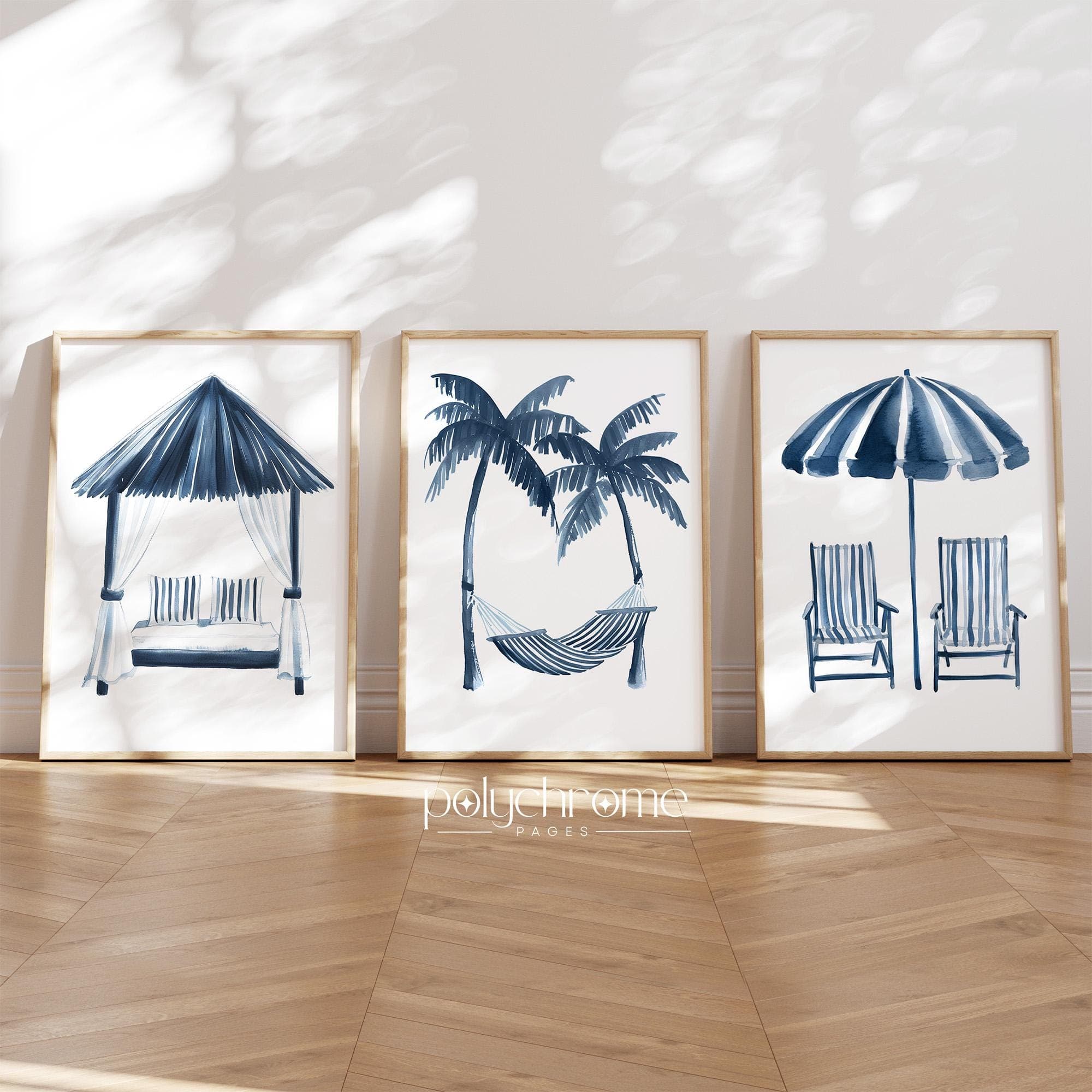 Striped Hammock, Beach Umbrella and Cabana in Navy Blue, Vacation Style Bedroom Decor, Coastal Summer Dorm Room Art | Prints 5x7 - 24x36 in