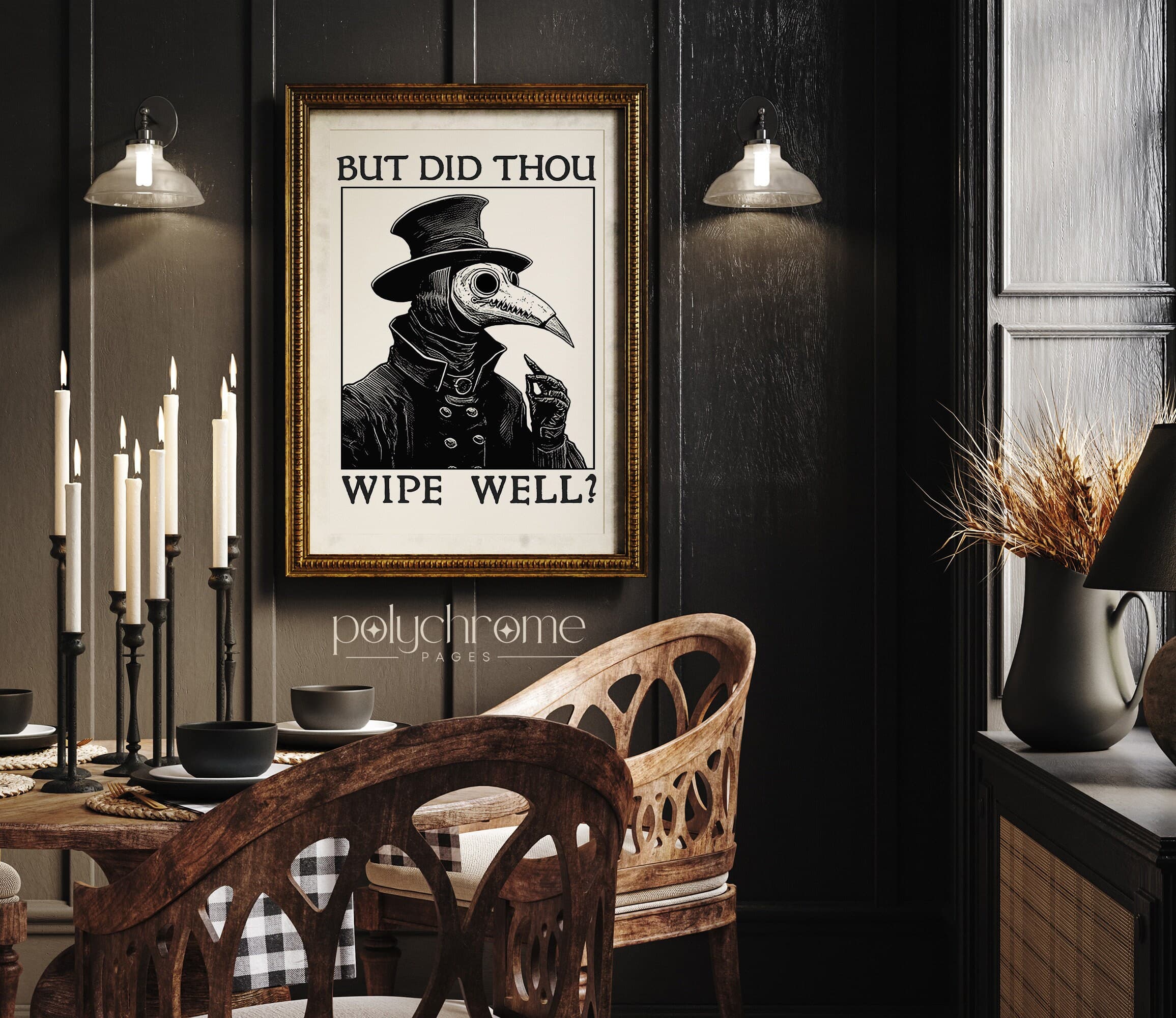 Bathroom decor art, 
bathroom wall ideas, 
funny bathroom art, 
bathroom artwork, 
decorative bathroom, 
funny gothic poster, 
plague doctor art, 
medieval paintings, 
middle ages art, 
funny restroom signs, 
remember to wipe, 
dont forget meme